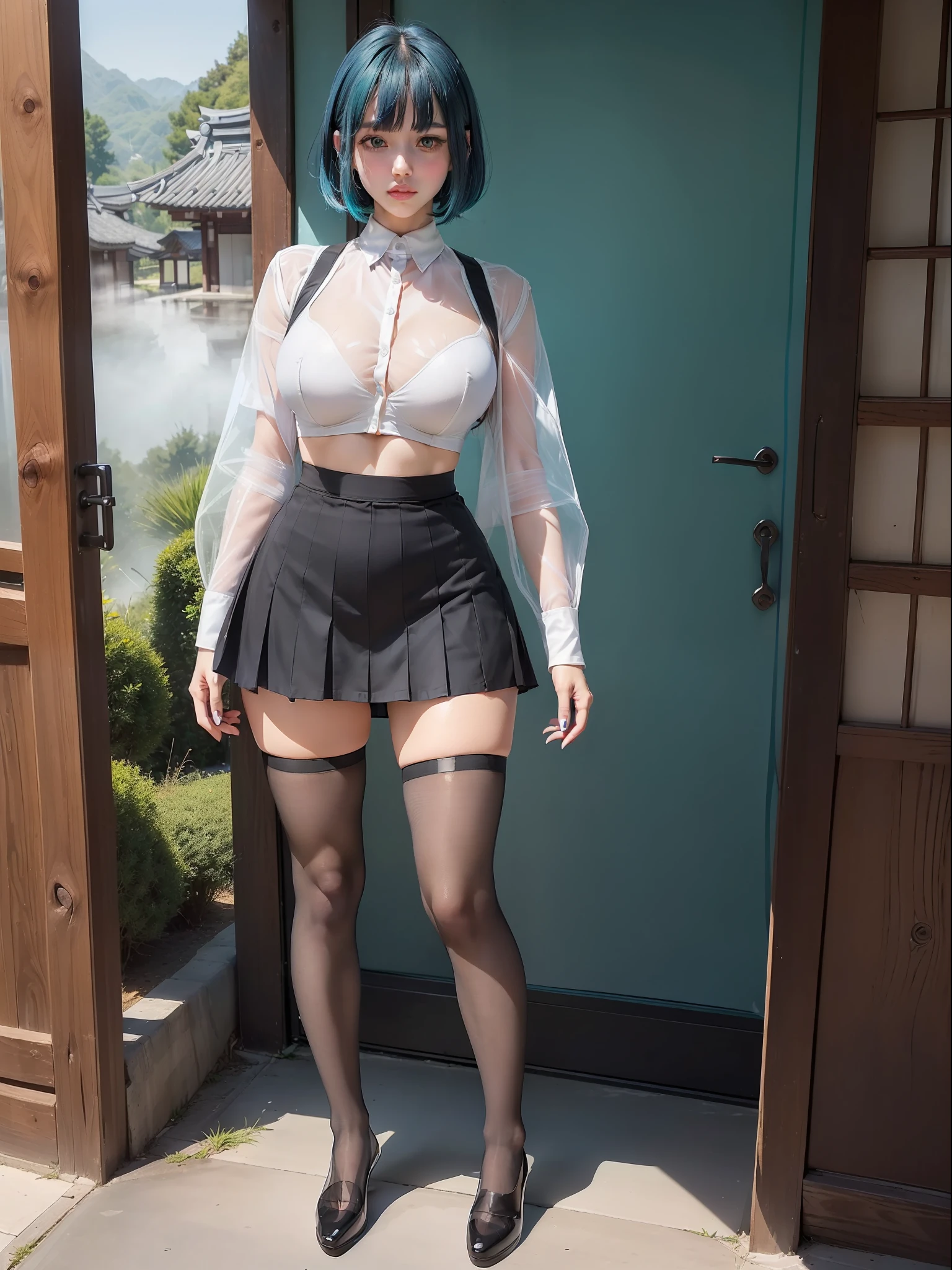 (full body photo:2), One/Woman, (exaggeratedly ?????????????:1.5), (wearing high school outfit with white fabric shirt+short black fabric skirt:1.6) (no panties+bra:2), (extremely tight clothing:2) (extremely ????????????????????+skirt:2), (she's in an old Japanese village, night, foggy, she stands outside the entrance of a house doing ???? poses for the viewer:1.5),  smiling, wearing red lipstick on her mouth, (she has hair+dyed+blue+short+lizo+bangs in front of her eyes:1.3), (green eyes:1.3), Anime style, Ultra quality, Ultra detailed, 16k, Masterpiece, Extremely detailed eyes, better sharpness, luminosity
