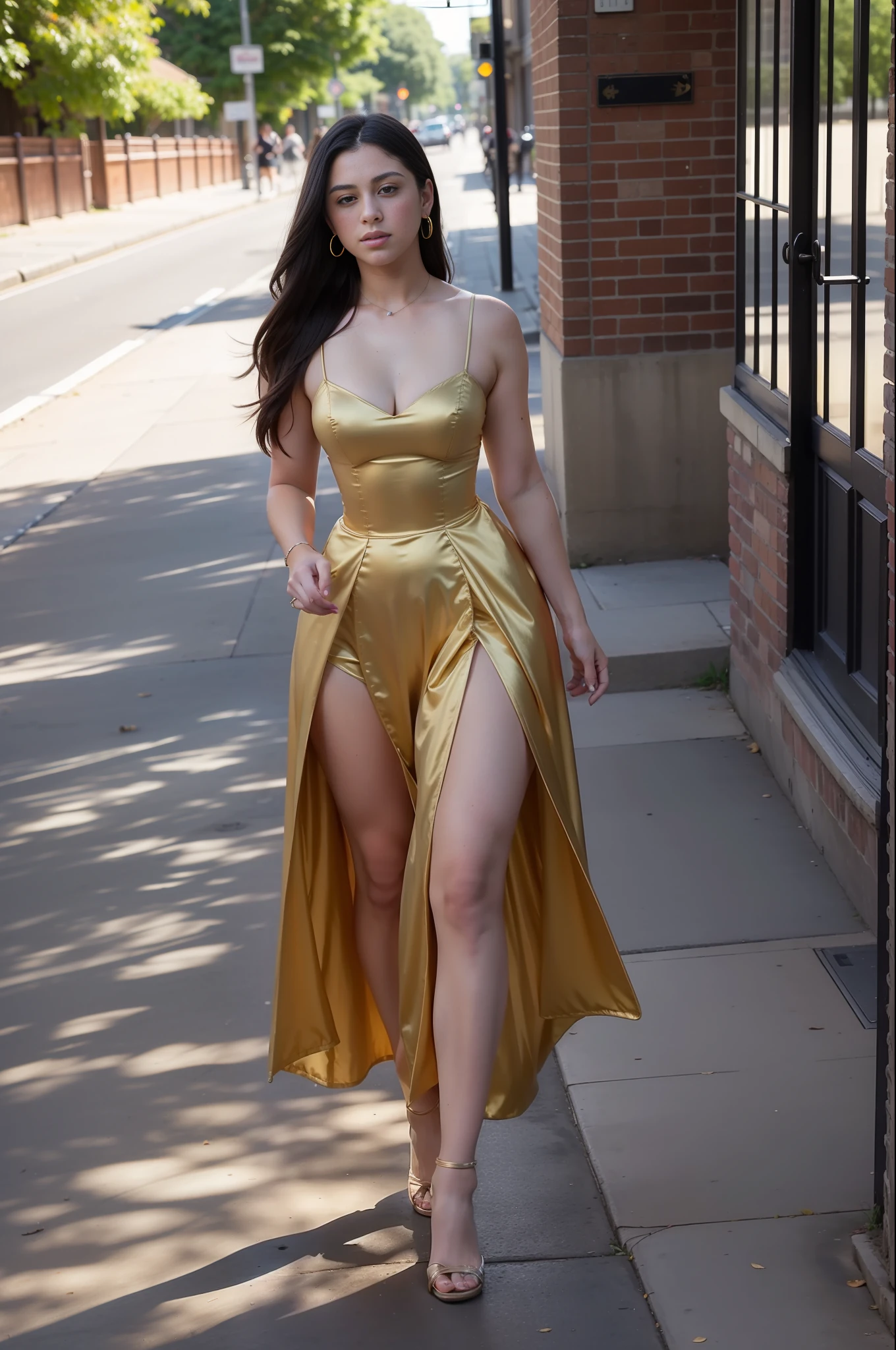 "((masterpiece)), best quality, sensual Victorian dress, happy and elegant Lauren Jauregui walking through a vibrant city, wide shot, exciting scenery in the background, golden light, soft shadows."