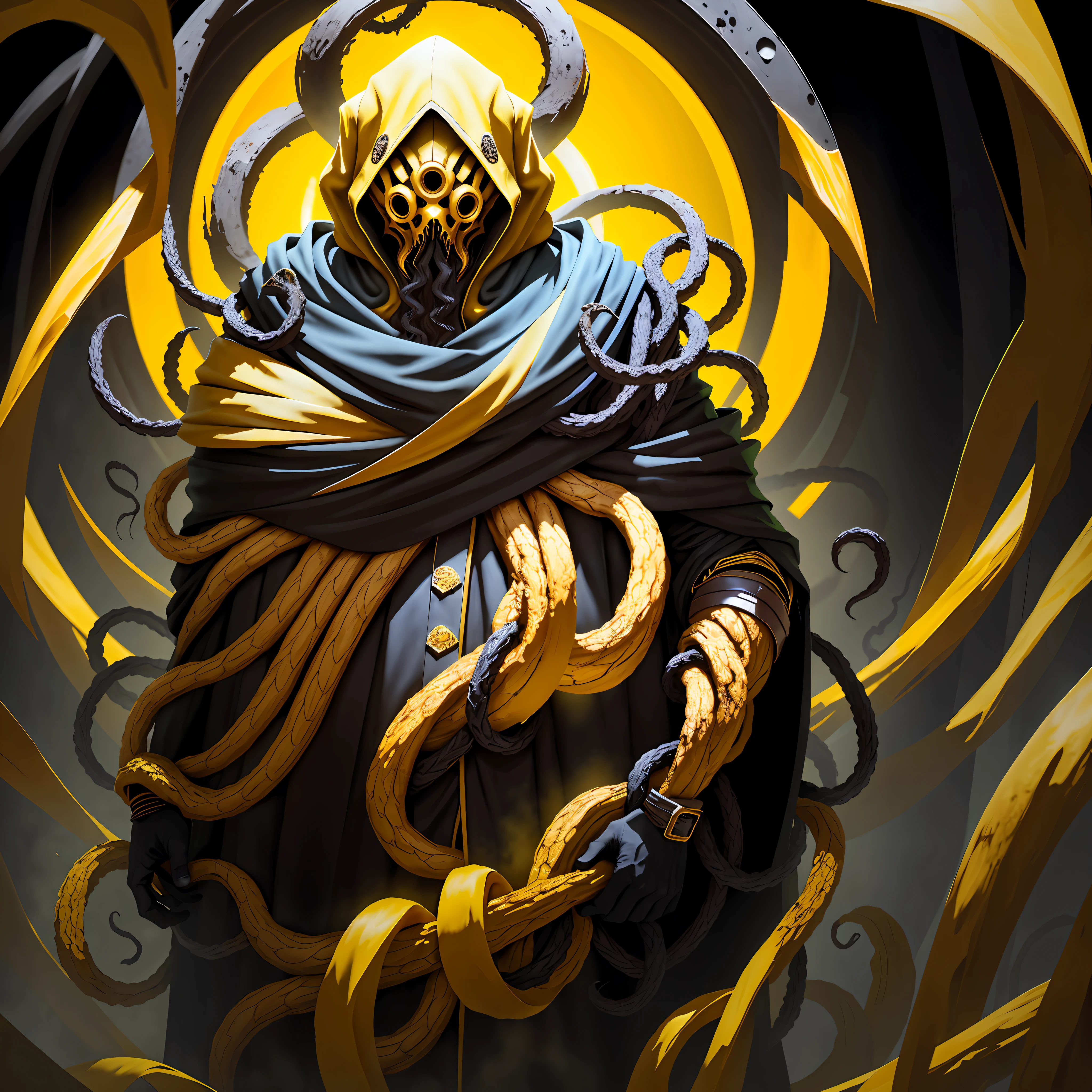 black cultist with yellow mask, surrounded by yellow tentacles and mist