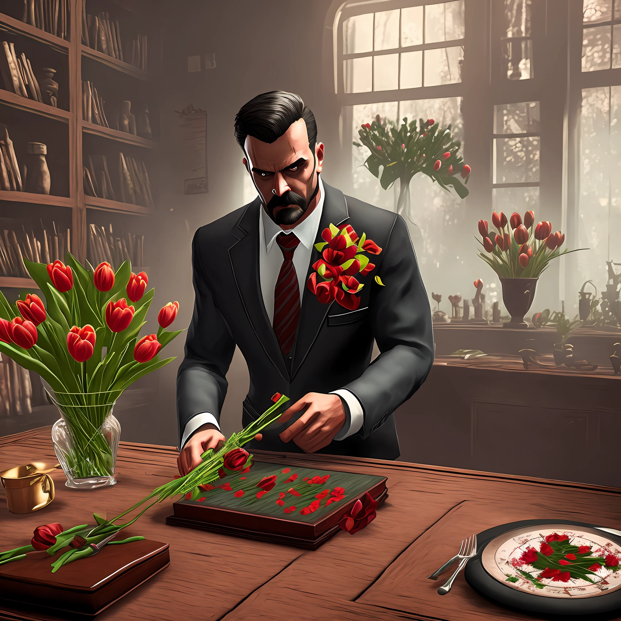 Horror game, a man in a suit tidying up a bouquet of tulips on a table --auto --s2