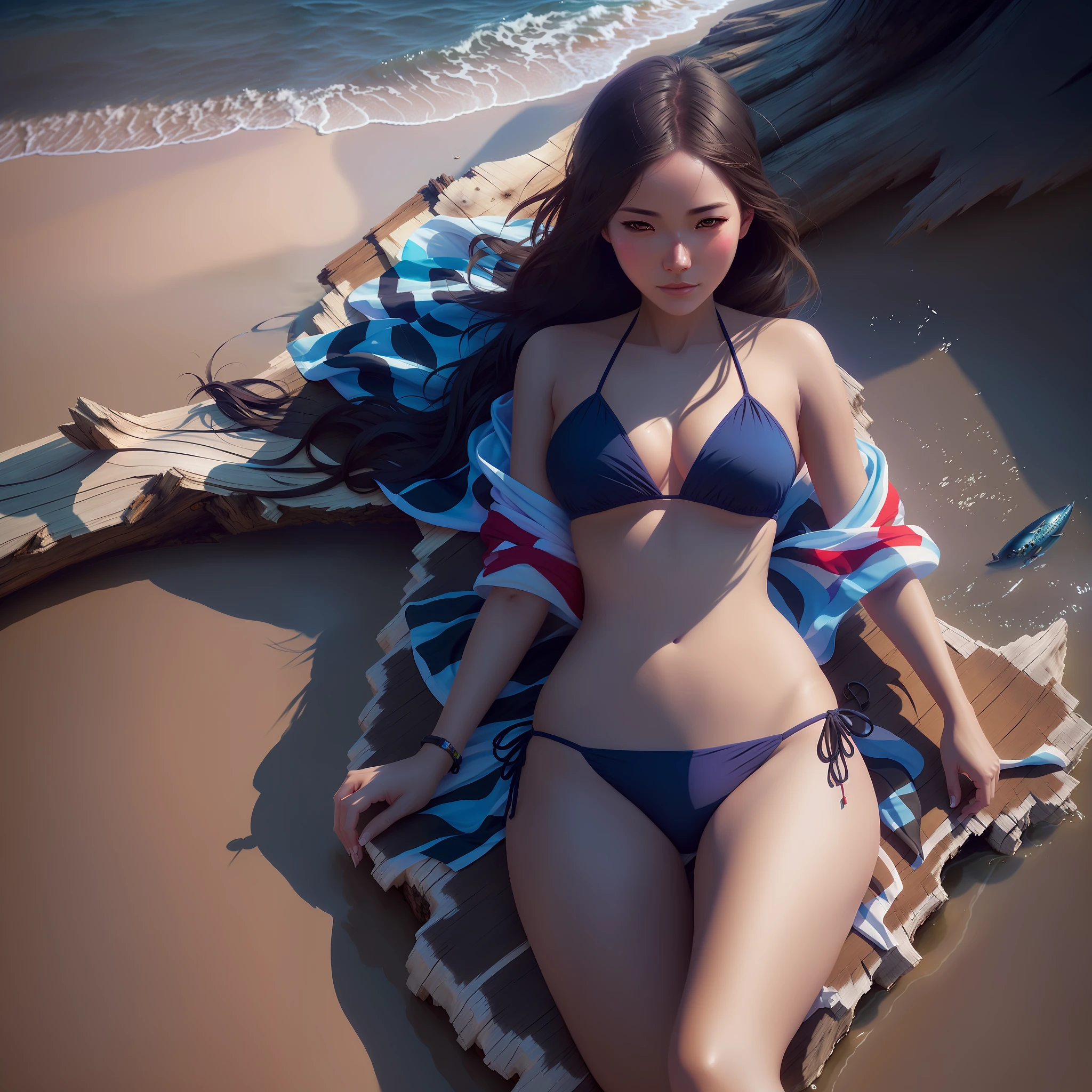 araffe woman in a bikini laying on a beach next to a log, wlop and ross tran, ross tran 8 k, ross tran and wlop, realistic bikini, alena aenami and artgerm, tithi luadthong, cinematic. by leng jun, high definition cgsociety, chengwei pan on artstation