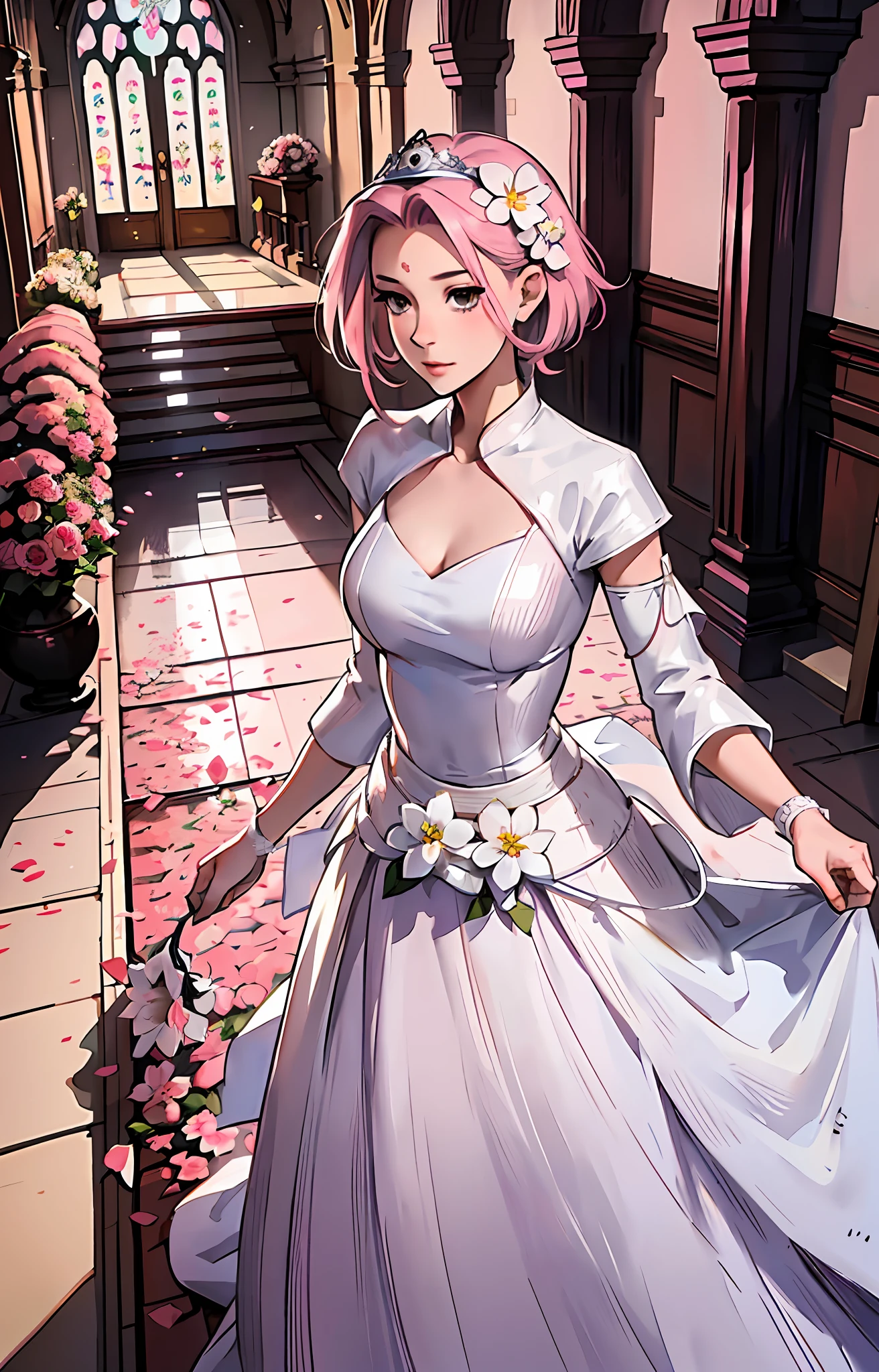 Sakura haruno, ((solo)), alone, bride, wearing a white wedding dress, queen, happy, ((forehead to show)), standing, entering the church, pink hair, short hair, delicate, young, short hair, detailed face, high definition, ((full body)), (flowers around her), full body, she is a beautiful woman getting married, face with high quality, beautiful, radiant