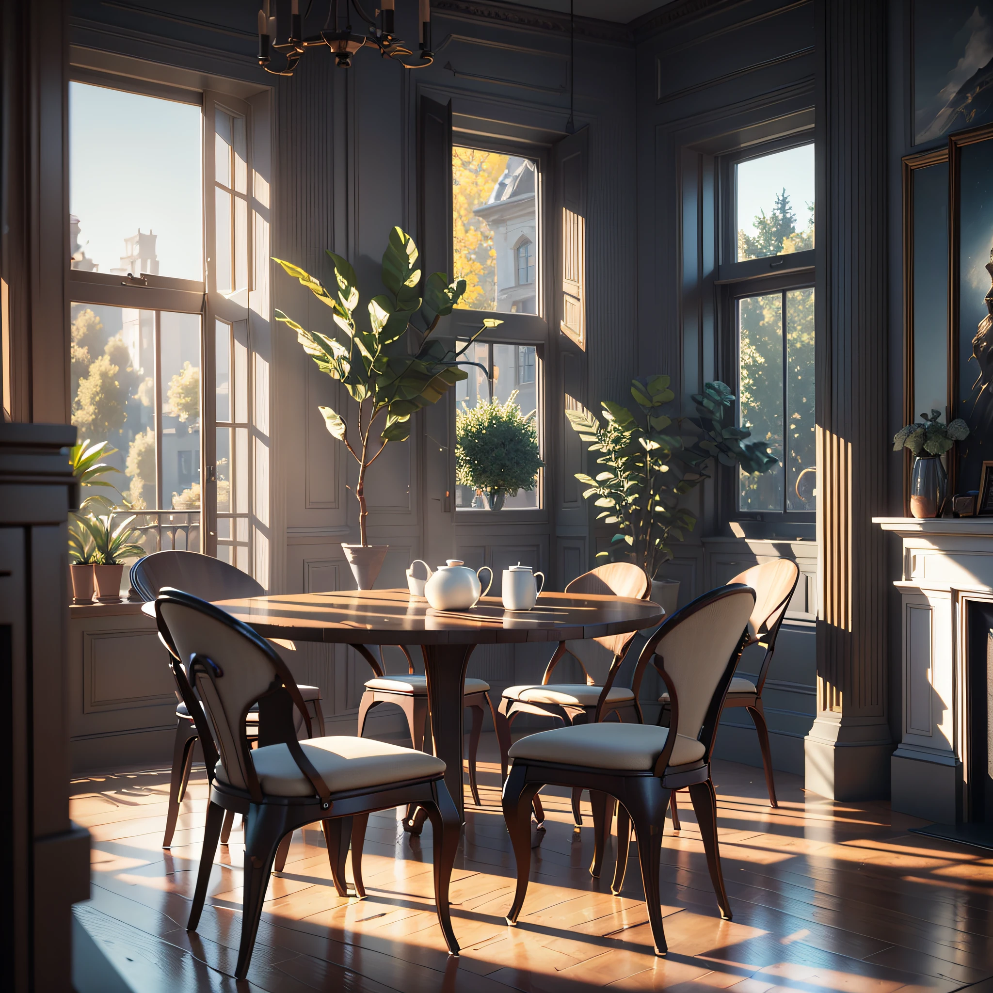 a dining room with a table and chairs and a large window, unreal engine realistic render, vray 8k render, unreal 5 engine render, unreal 5 engine highlly render, unreal engine 5 render dramatic, realistic fantasy render, cinematic render unreal engine, render in unreal engine 5, hdr render in unreal engine 5, photorealistic render in octane, rendered in unreal 5