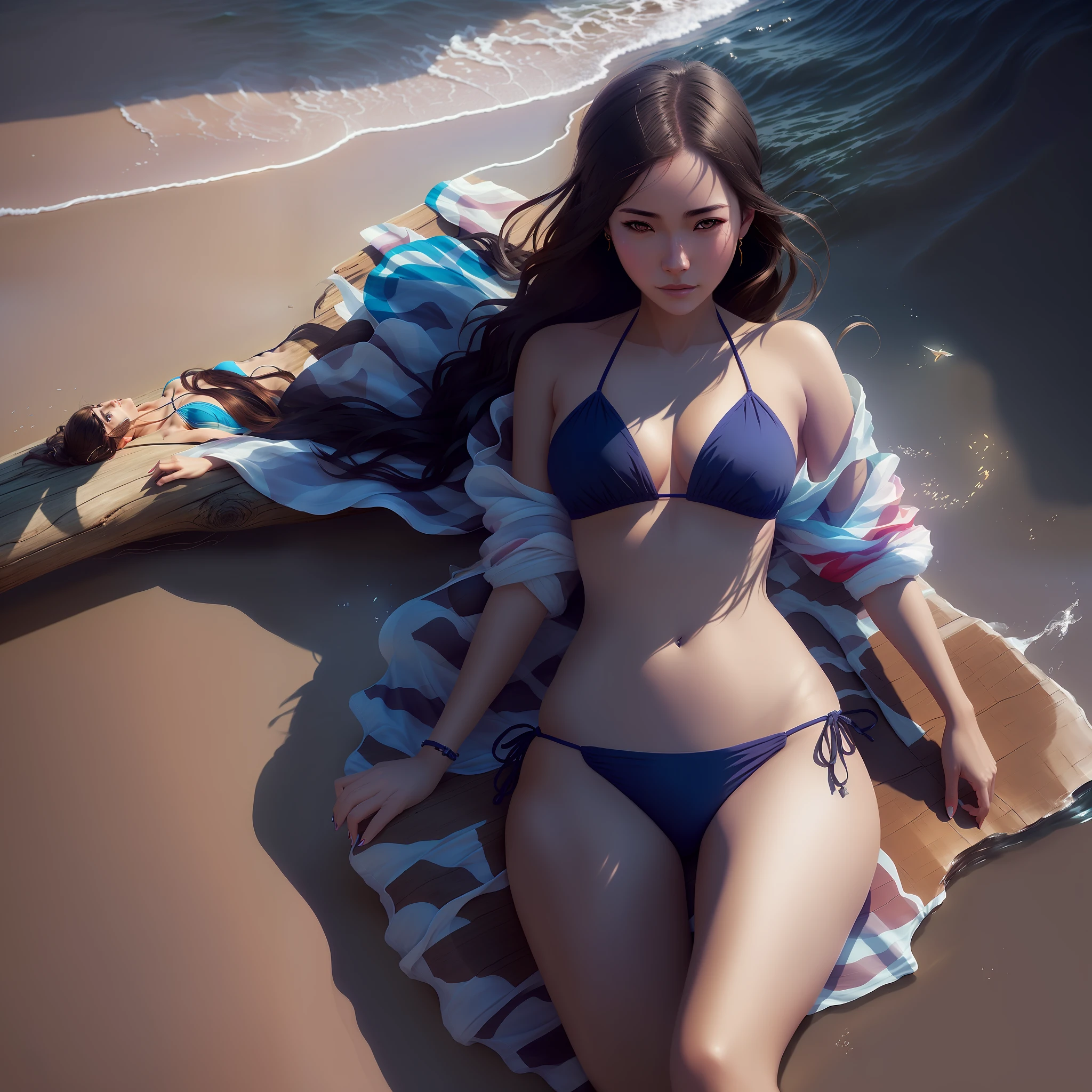 araffe woman in a bikini laying on a beach next to a log, wlop and ross tran, ross tran 8 k, ross tran and wlop, realistic bikini, alena aenami and artgerm, tithi luadthong, cinematic. by leng jun, high definition cgsociety, chengwei pan on artstation