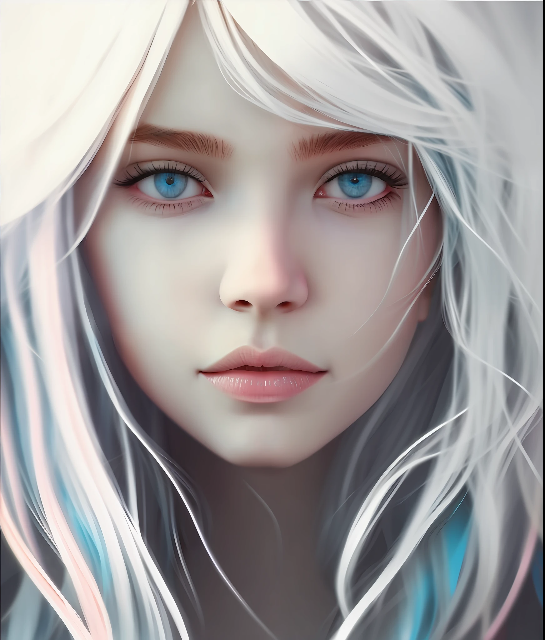 Photograph of a girl with white hair and blue eyes with sunlight on her face, ultra realistic eyes, perfect mouth, perfect skin, ultra realistic skin in 8k, 8k, professional photography, beautiful girl, beautiful art illustration, detailed matte fantasy portrait, digital fantasy portrait, cute fantasy art portrait, cute fantasy portrait,  Fantasy art portrait.