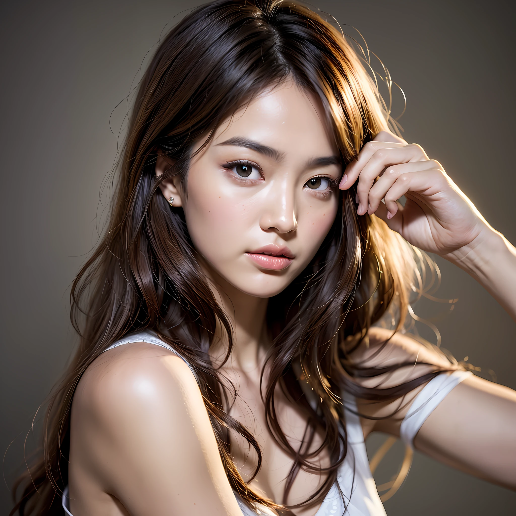 Asian, Beautiful, Slender, Cute, 30s, Beautiful Face, Beautiful Skin, Actress, Mature, Upper Body, Light Brown Hair, Fine Hair, Live Action, Masterpiece, Top Quality, Very Elaborate CG Unity 8K Wallpaper, Ultra High Definition, Casual Fashion, Lighting, Summer Fashion, Bob Hair, (Puffy Eyes), Look Audience, Turn Around, Bleach Hair, Model Pose, Wall Background, Delicate skin type, light curly hair, hands around mouth, hair model photo shoot