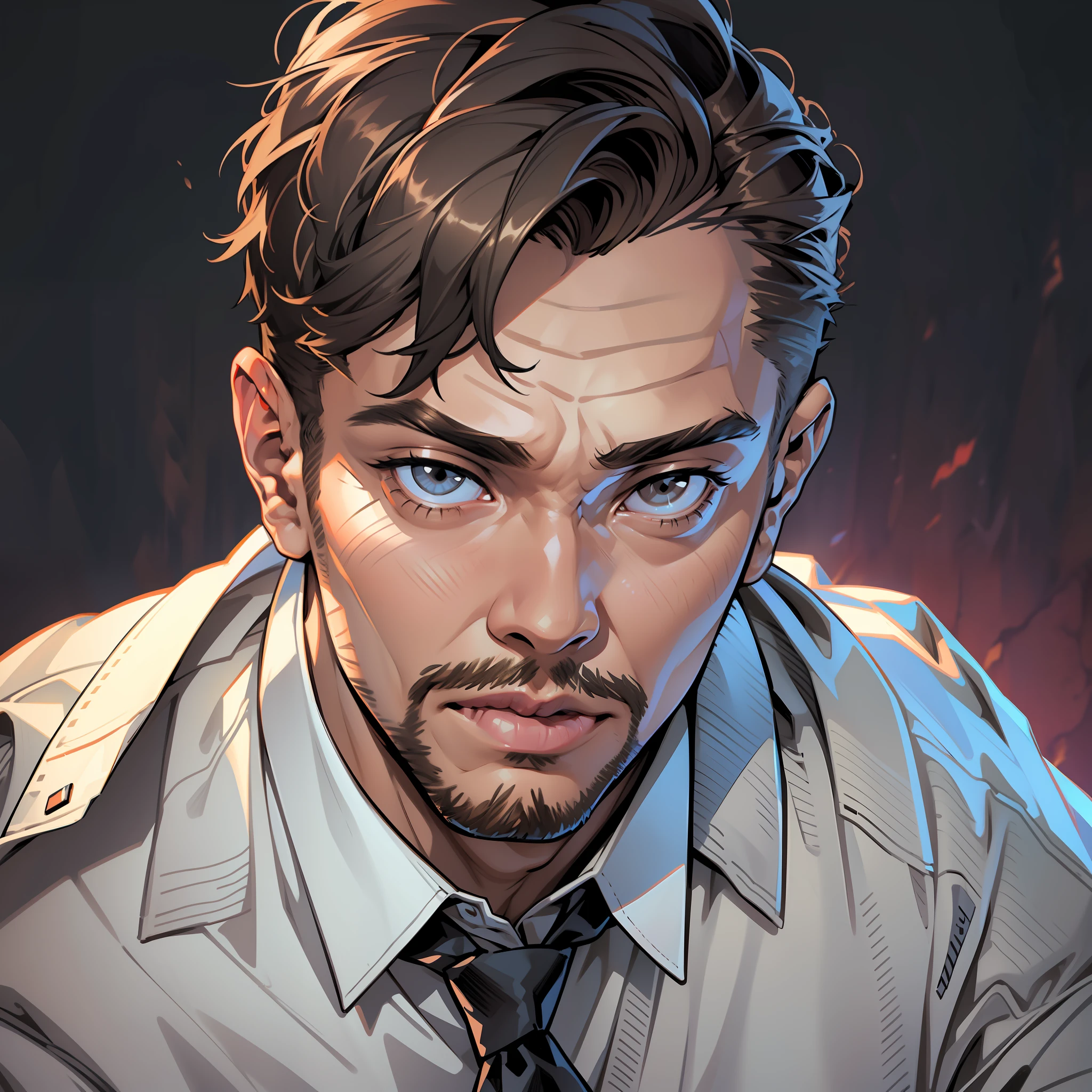 Best quality, masterpiece, ultra high resolution, detailed background, realistic, comics comics style, solo, male, Young man, almost bald, short brown hair, short facial hair, horror \(theme\), dark costume, white dress shirt, tie, executive outfit, tie, contemporary, depth of field --auto --s2