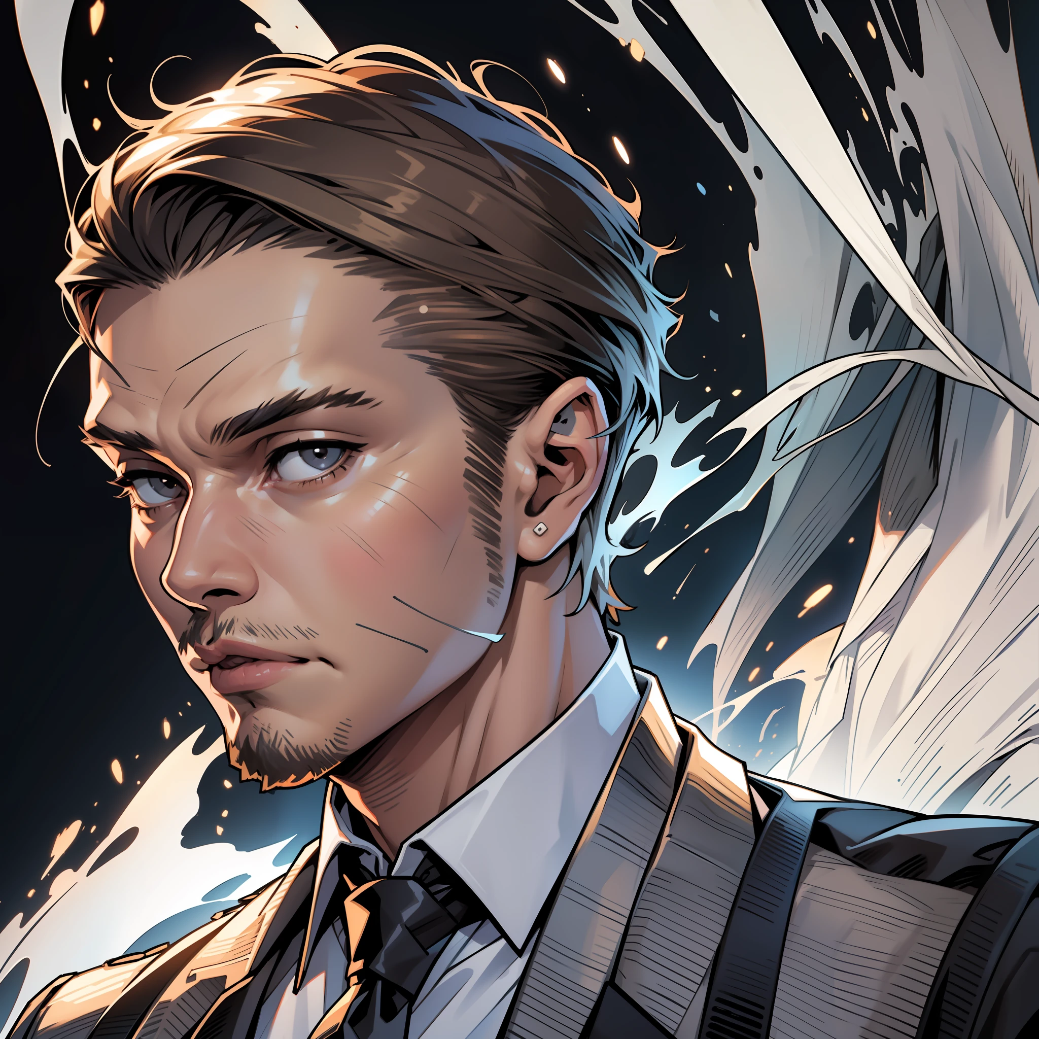 Best quality, masterpiece, ultra high resolution, detailed background, realistic, comics comics style, solo, male, Young man, almost bald, short brown hair, short facial hair, horror \(theme\), dark costume, white dress shirt, tie, executive outfit, tie, contemporary, depth of field --auto --s2