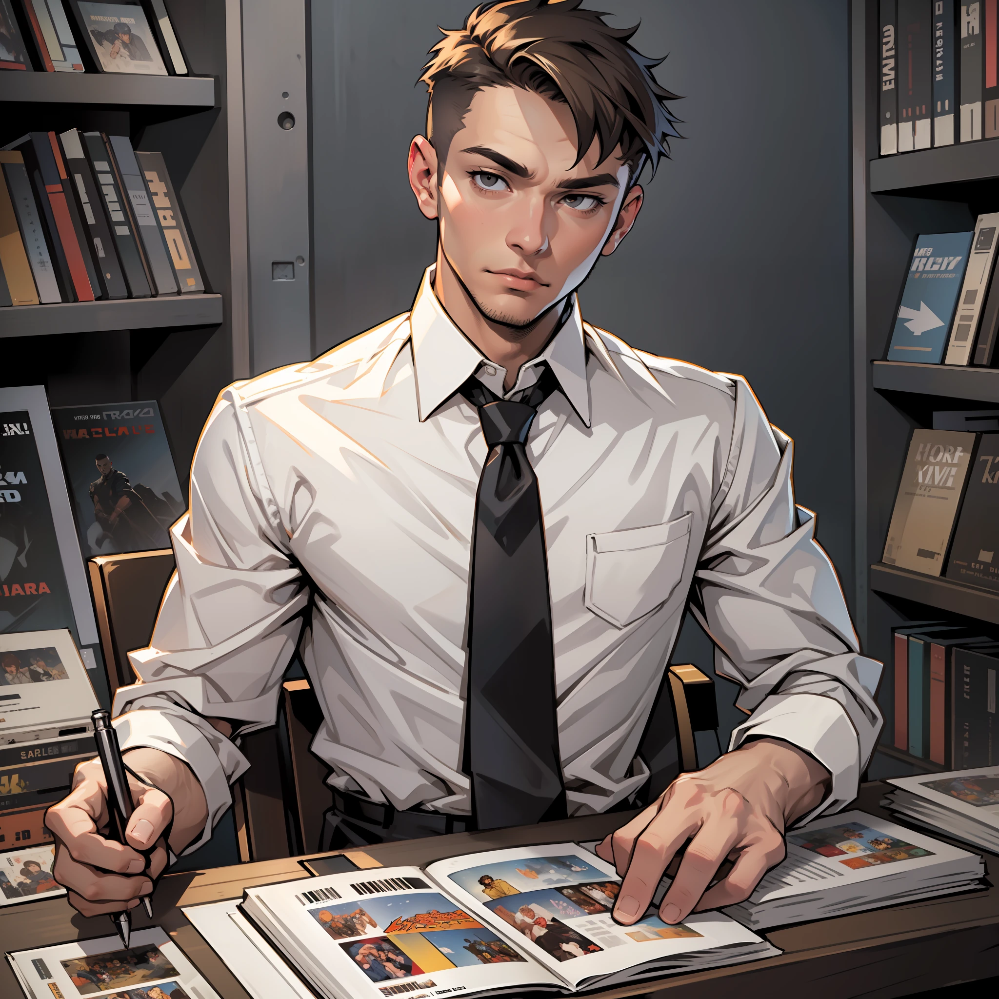 Best quality, masterpiece, ultra high resolution, detailed background, realistic, comics comics style, solo, male, Young man, almost bald, short brown hair, short facial hair, horror \(theme\), dark costume, white dress shirt, tie, executive outfit, tie, contemporary, depth of field --auto --s2