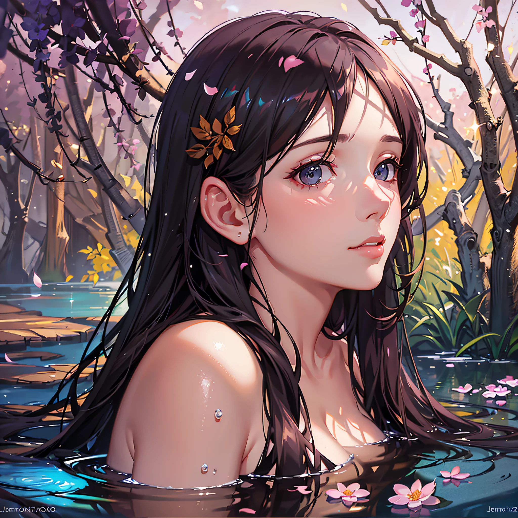 close-up portrait of a beautiful woman (gldot) bathing in a river, reeds, (backlight), realistic, masterpiece, high quality, lens reflection, shadow, flower, [[chromatic aberration]], by Jeremy Lipking, by Antonio J. Manzanedo, Surrealism --auto --s2