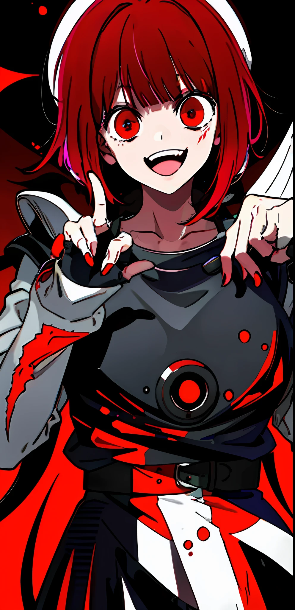 original character , 1girl, (crazy smile:1.2) ,  red hair , bangs , crazy eyes , hands on face , blood splatter on face , red and black color scheme, open mouth, (wide-eyed:1.2), glowing eyes