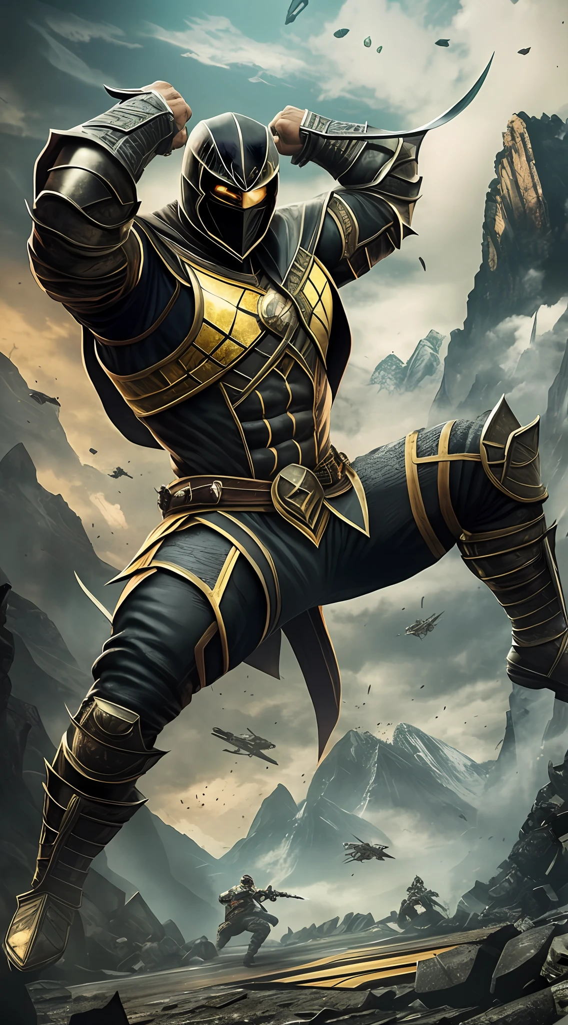 Scorpion Mortal Combat, lethal body, detailed bicipes and triceps, aesthetic jaw with black masks, thick aesthetic neck, strong forearm, defined abdomen, large pectoral, angry look, armored legs, defined large legs, high quality, sicactizers, full body view centered plane, mountains background, 4k, extremely detailed, Unreal Energy 5. --auto --s2