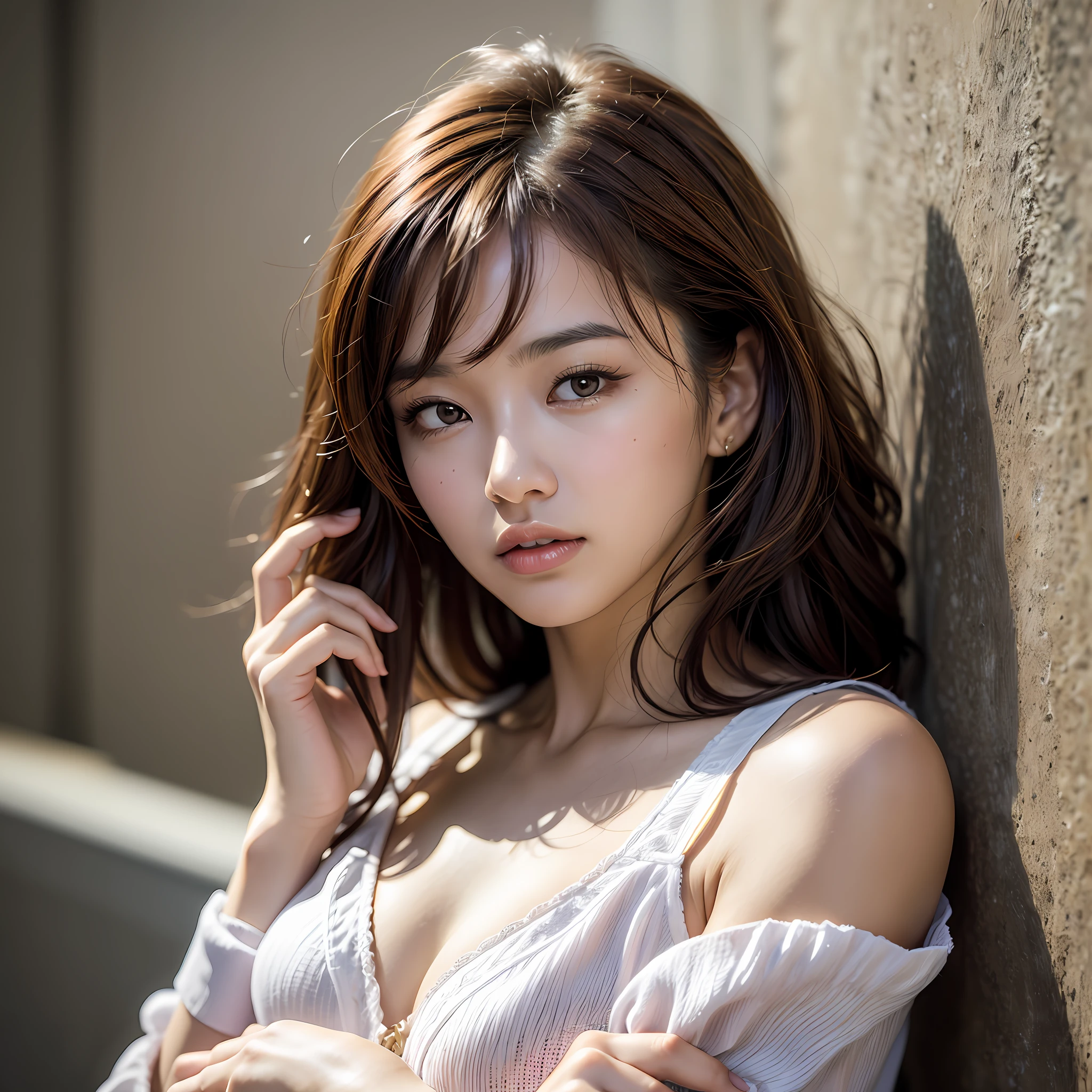 Asian, Beautiful, Slender, Cute, 30s, Beautiful Face, Beautiful Skin, Actress, Mature, Upper Body, Light Brown Hair, Fine Hair, Live Action, Masterpiece, Top Quality, Very Elaborate CG Unity 8K Wallpaper, Ultra High Definition, Casual Fashion, Lighting, Summer Fashion, Bob Hair, (Puffy Eyes), Look Audience, Turn Around, Bleach Hair, Model Pose, Wall Background, Delicate skin type, light curly hair, hands around mouth, hair model photo shoot