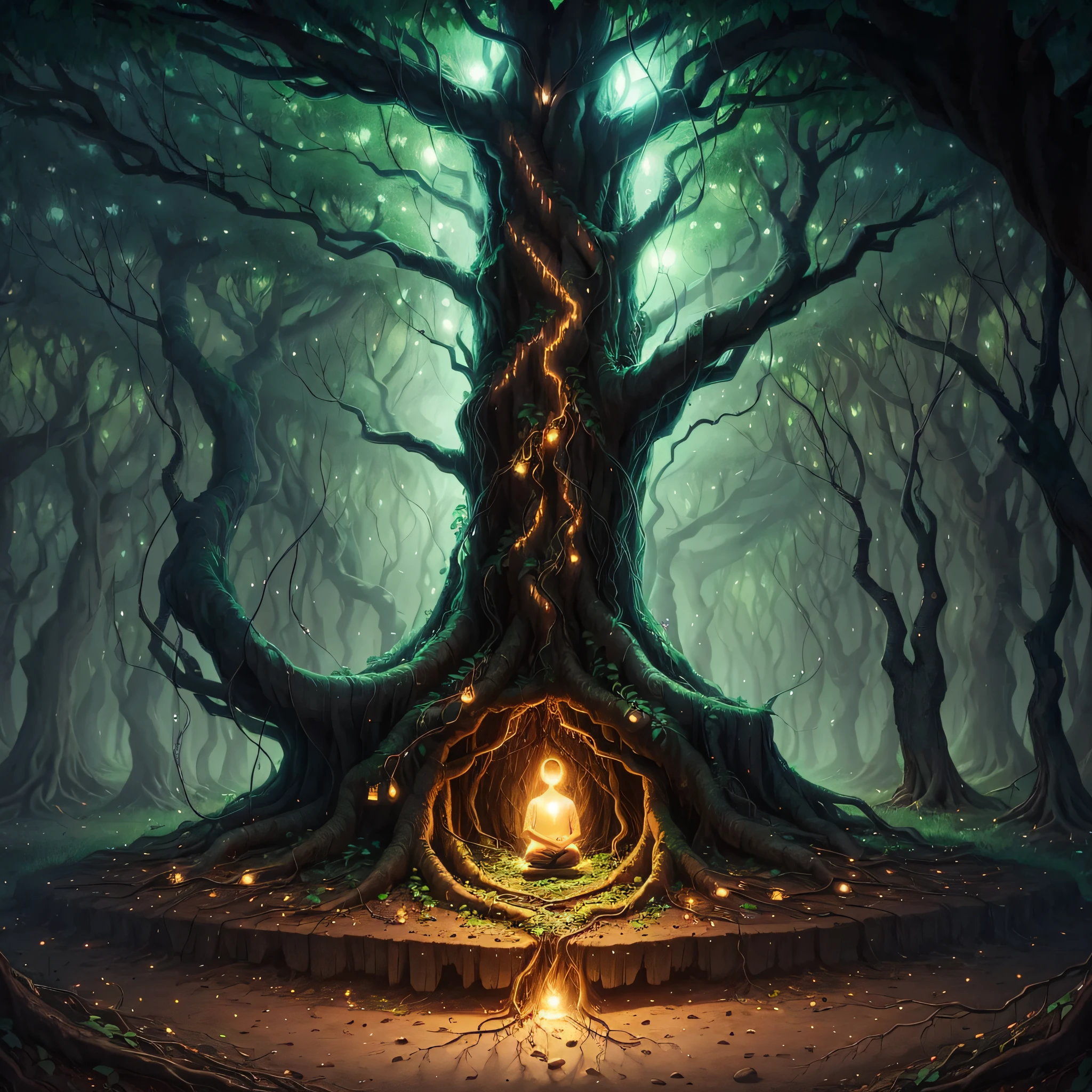 Imagine a scene of an enlightened human being in a fetal position, surrounded by the roots of an underground tree. What does this light represent? How does this image symbolize transformation and rebirth? --auto --s2