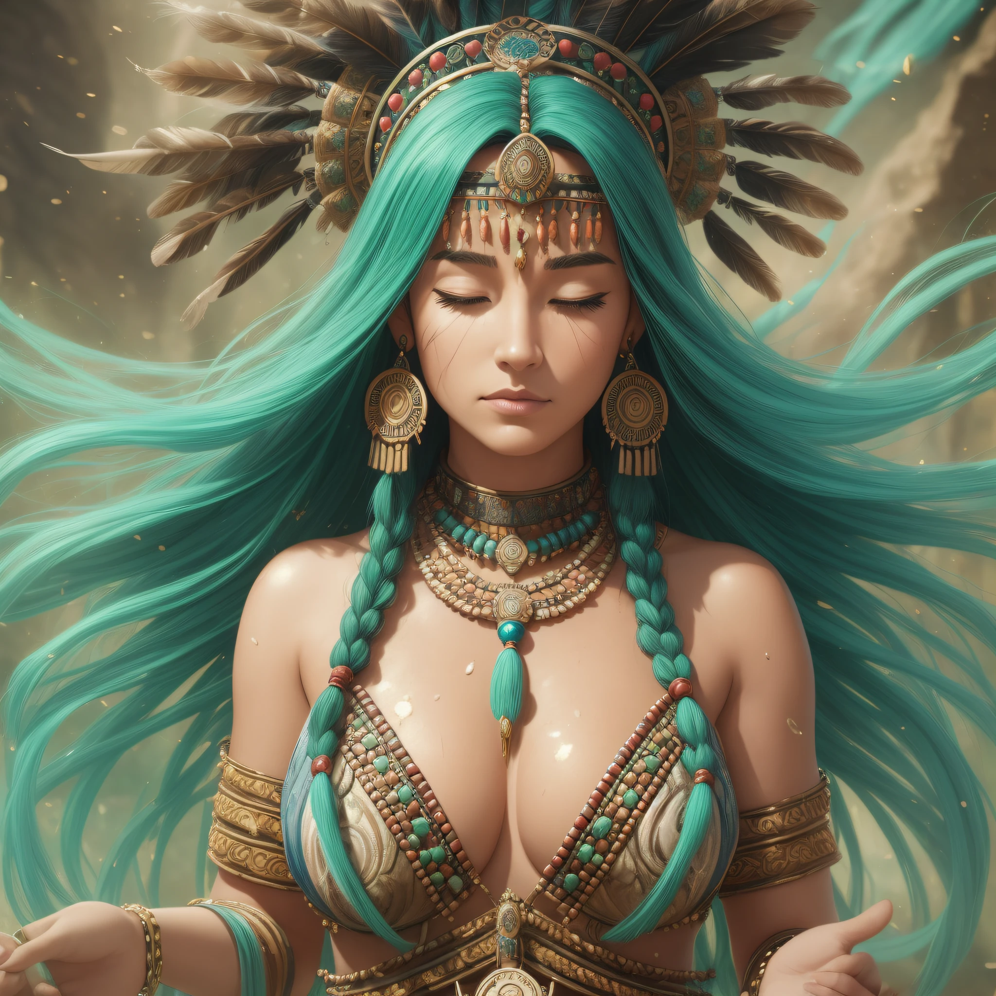 (full portrait), (half shot), solo, detailed background, detailed face, (stonepunkAI, stone theme:1.1), wise, (female), (native american), (beautiful hair, braids:0.2), shaman, septum piercing, mystical, (gorgeous face), stunning, head tilted upwards, (eyes closed, serene expression), calm, meditating, Seafoam Green frayed clothes, prayer beads, tribal jewelry, feathers in hair, headdress:0.33, jade, obsidian, detailed clothing, cleavage, realistic skin texture, (floating particles, water swirling, embers, ritual, whirlwind, wind:1.2), sharp focus, volumetric lighting, good highlights, good shading, subsurface scattering, intricate, highly detailed, ((cinematic)), dramatic, (highest quality, award winning, masterpiece:1.5), (photorealistic:1.5), (intricate symmetrical warpaint:0.5), --auto --s2