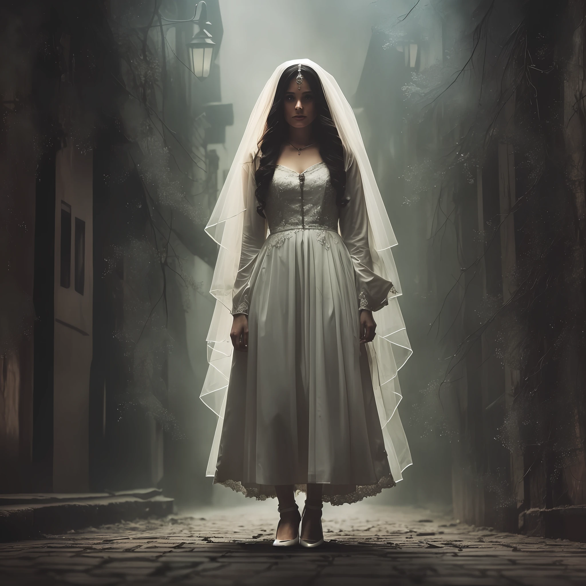 A ghost bride at night walking on a dark street --auto --s2