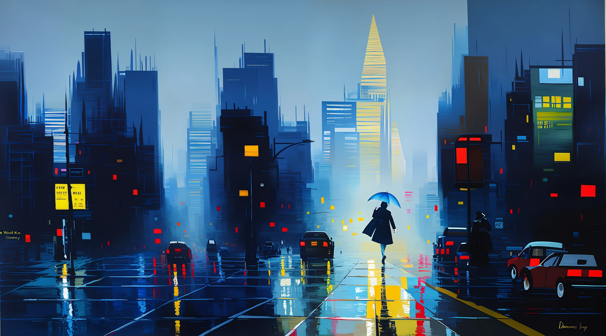 painting of a woman walking down a city street with an umbrella, oil painting in a modern style, by David Park, in city street, by Ludwik Konarzewski, inspired by Michael Flohr, inspired by Raymond Leech, stepping on the city, by Leon Chwistek, by Szymon Czechowicz, in the city