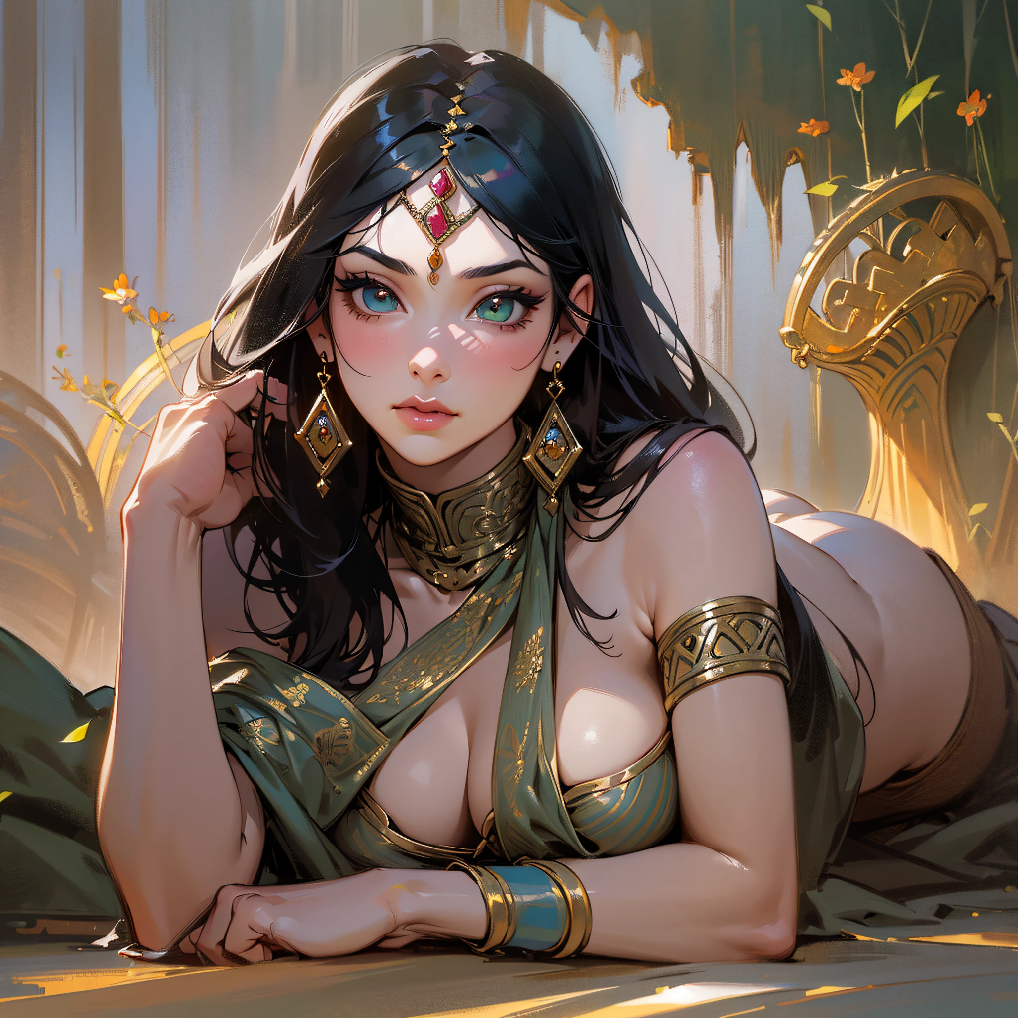 ((realistic:1.5)),((best quality)), ((masterpiece)),((detailed)), (1girl), {a beautiful female wearing a Sari}, (upper body:1.3),super-wide-angle lens,face focus, mature,sexy,toned muscles,long legs,curvy, barefoot, oversized firm breasts, open cleavage, drooping breasts, thick thighs,wide hips, thin legs, green eyes,long black hair,floting hair,long eyelashes, (detailed face,beautiful eye, detailed pupilss,detailed clothes features, clear background:1.3), (Bindi,Jhumkas:1.3), (Armlet, Haar, Payal,Maang Tikka,Jhumkas,Kamarband,Bangles:1.3), mysterious ancient ruin, lush forests, deep canyons,bridge,river,cliff,cloud, lakes,rock,waterfalls, flowers, grass, fog,vine,tree, smoke, best shadow,bright details,sharp,perfect composistion, Intricate, Sharp focus, dramatic, by Frank Frazetta,by Julie Bell,by Olivia De Berardinis,by Luis Royo,by boris vallejo, (specular lighting:1.3),rim light, princesses, playing, princesses playing with water, river bank, royal skimpy underwear, random royal color, laying on the floor, spooning her friend, hand on underwear, thirsty face, erotic face, lips open, almost undressed, underwear slid down, attended by servants, armed bodyguard, servant, gasping, breathing hard, fist clenched, visible slit, queen and slave --auto --s2