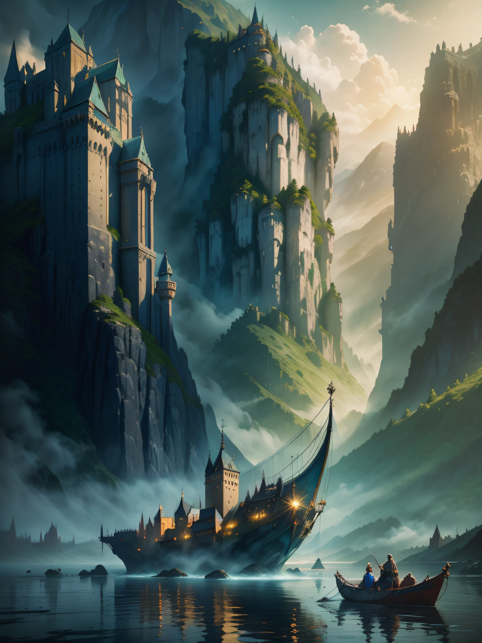 there is a painting of a castle on a hill with a river, inspired by Raphael Lacoste, illustration matte painting, silvain sarrailh, painterly concept art, medieval concept art, style of raphael lacoste, environment painting, by Johannes Voss, inspired by Martin Deschambault, digital painting concept art, inspired by Andreas Rocha, concept painting