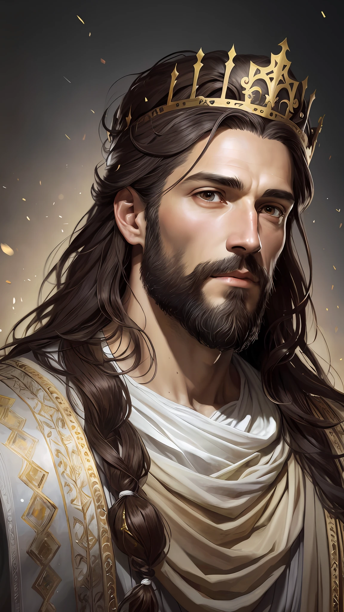 8k portrait of Jesus Christ, with medium beard, (dark brown hair and beard), dressed in white tonics, king's crown, with a luminous crown on the head, intricate, elegant, highly detailed, majestic, digital photography, art by artgerm and ruan jia and greg rutkowski surreal painting (masterpiece, side lighting, beautiful finely detailed eyes: 1.2 ), hdr,
