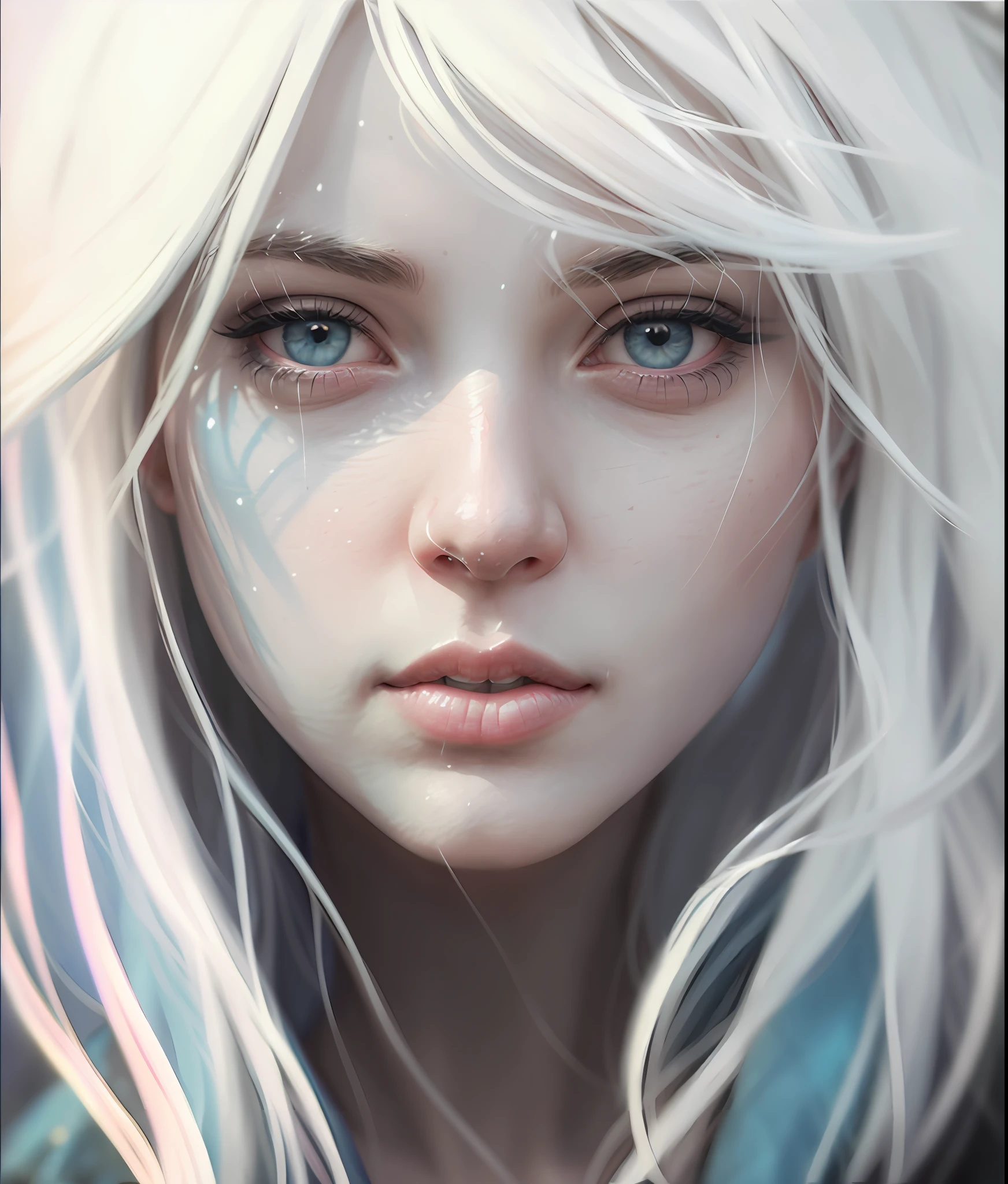 Photograph of a girl with white hair and blue eyes with sunlight on her face, ultra realistic eyes, perfect mouth, perfect skin, ultra realistic skin in 8k, 8k, professional photography, beautiful girl, beautiful art illustration, detailed matte fantasy portrait, digital fantasy portrait, cute fantasy art portrait, cute fantasy portrait, Fantasy art portrait.
