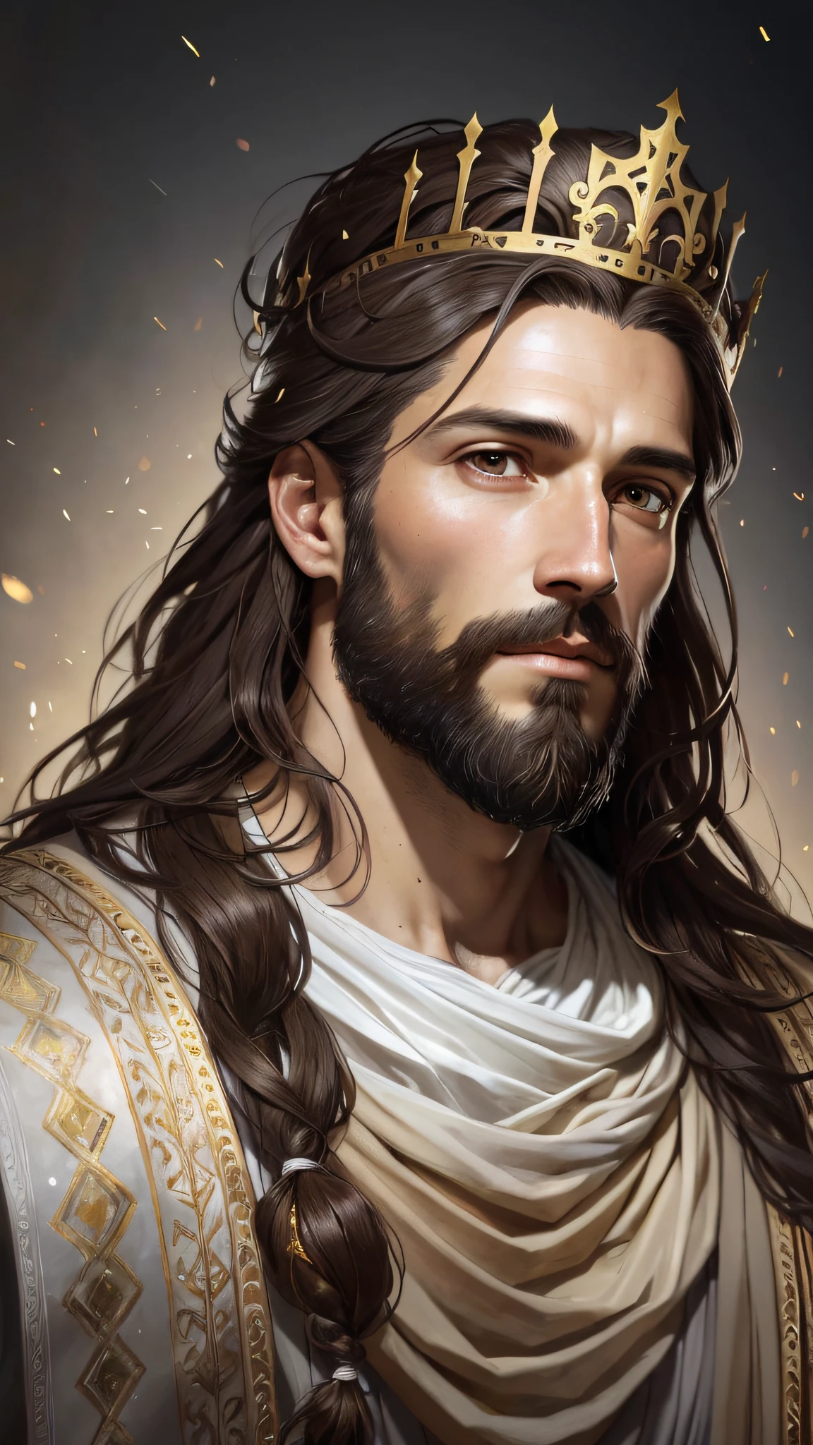 8k portrait of Jesus Christ, with medium beard, (dark brown hair and beard), dressed in white tonics, king's crown, with a luminous crown on the head, intricate, elegant, highly detailed, majestic, digital photography, art by artgerm and ruan jia and greg rutkowski surreal painting (masterpiece, side lighting, beautiful finely detailed eyes: 1.2 ), hdr,