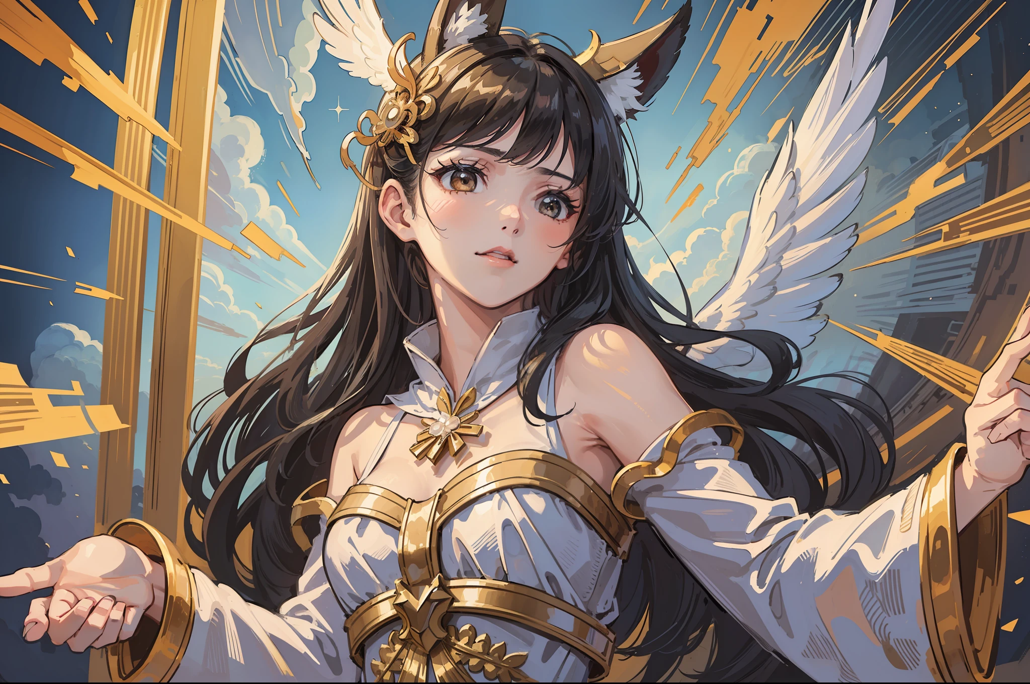 1girl with angel wings, black hair, ((cowboy shot, dynamic angle,)) old style,(black long animal ears:1.2), the animal ears are golden at the tip, (best quality, masterpiece), celestial, a beautiful angel, wears beautiful and elegant white clothes with golden detailing, (wings on head:1.1), serene expression, delicate and elegant, background is a temple with ample fantastical sky with clouds and sparkles, a small rainbow coming out of a cloud.