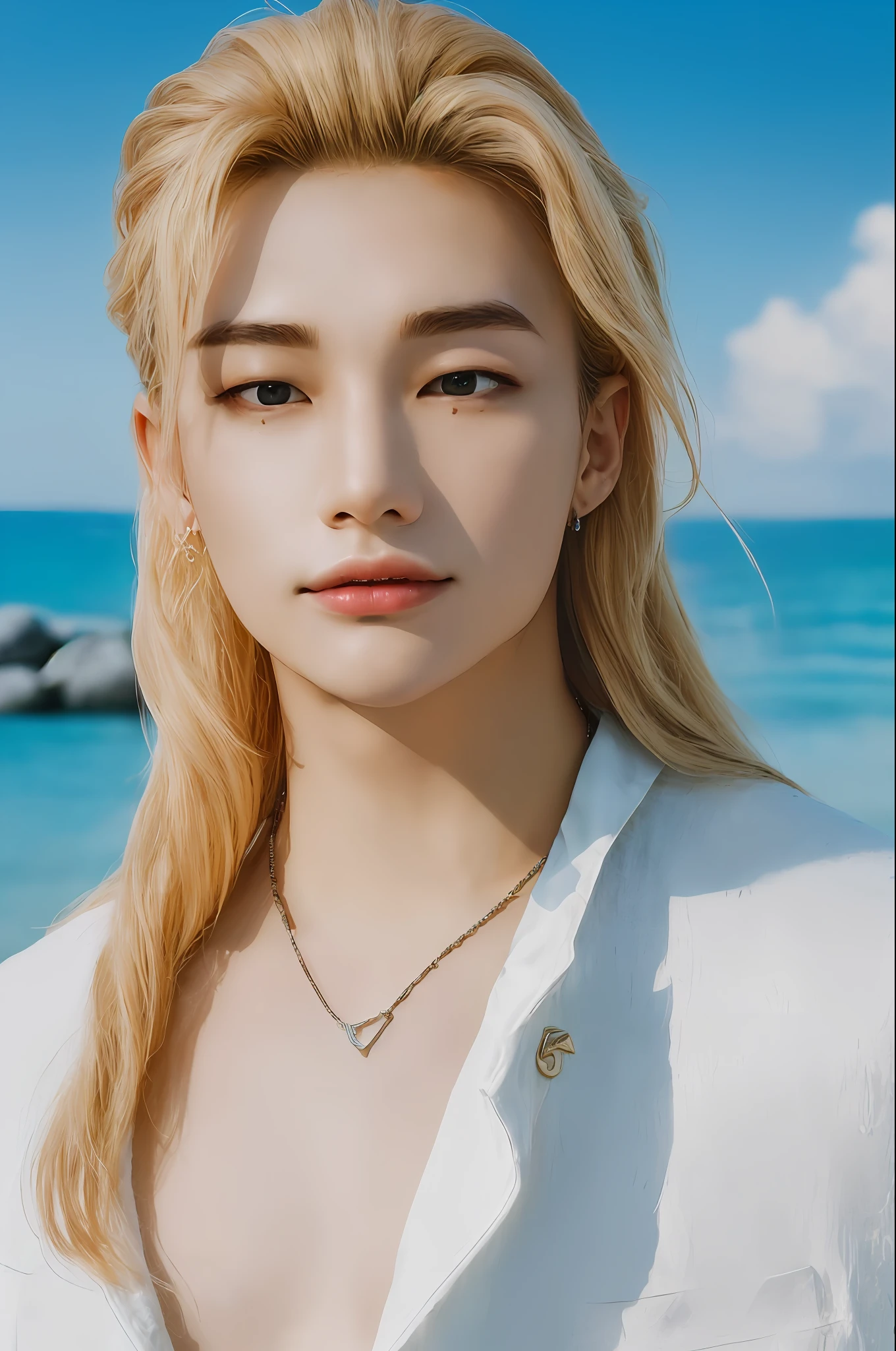 Hyunstayv2, frontal, sparkling, split lips, (beachwear:1.2), (long blonde hair:1.2), (ultra realistic:1.2), (shoulders and chest: 1.2), (close-up photo:1.1), (intricate:1.2), (night beach background:1.2), (night sky:1.2), (looking at the viewer:1.2).