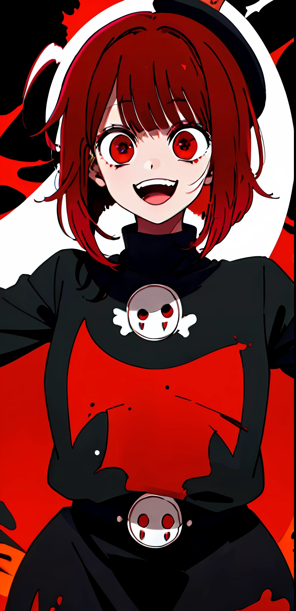 original character , 1girl, (crazy smile:1.2) ,  red hair , bangs , crazy eyes , hands on face , blood splatter on face , red and black color scheme, open mouth, (wide-eyed:1.2), glowing eyes