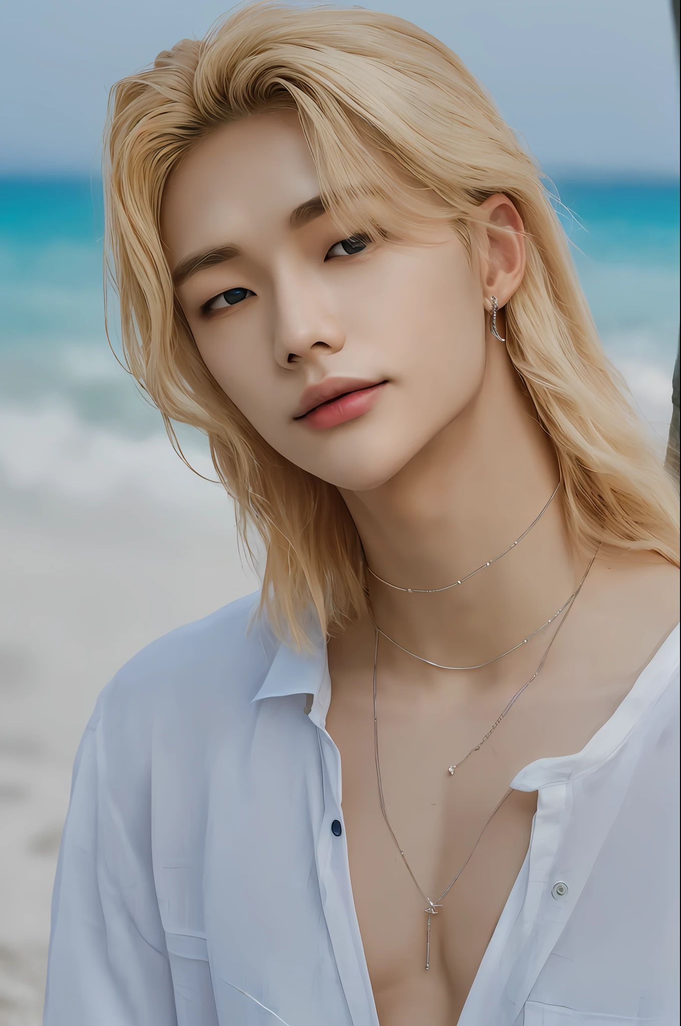 Hyunstayv2, frontal, sparkling, split lips, (beachwear:1.2), (long blonde hair:1.2), (ultra realistic:1.2), (shoulders and chest: 1.2), (close-up photo:1.1), (intricate:1.2), (night beach background:1.2), (night sky:1.2), (looking at the viewer:1.2).