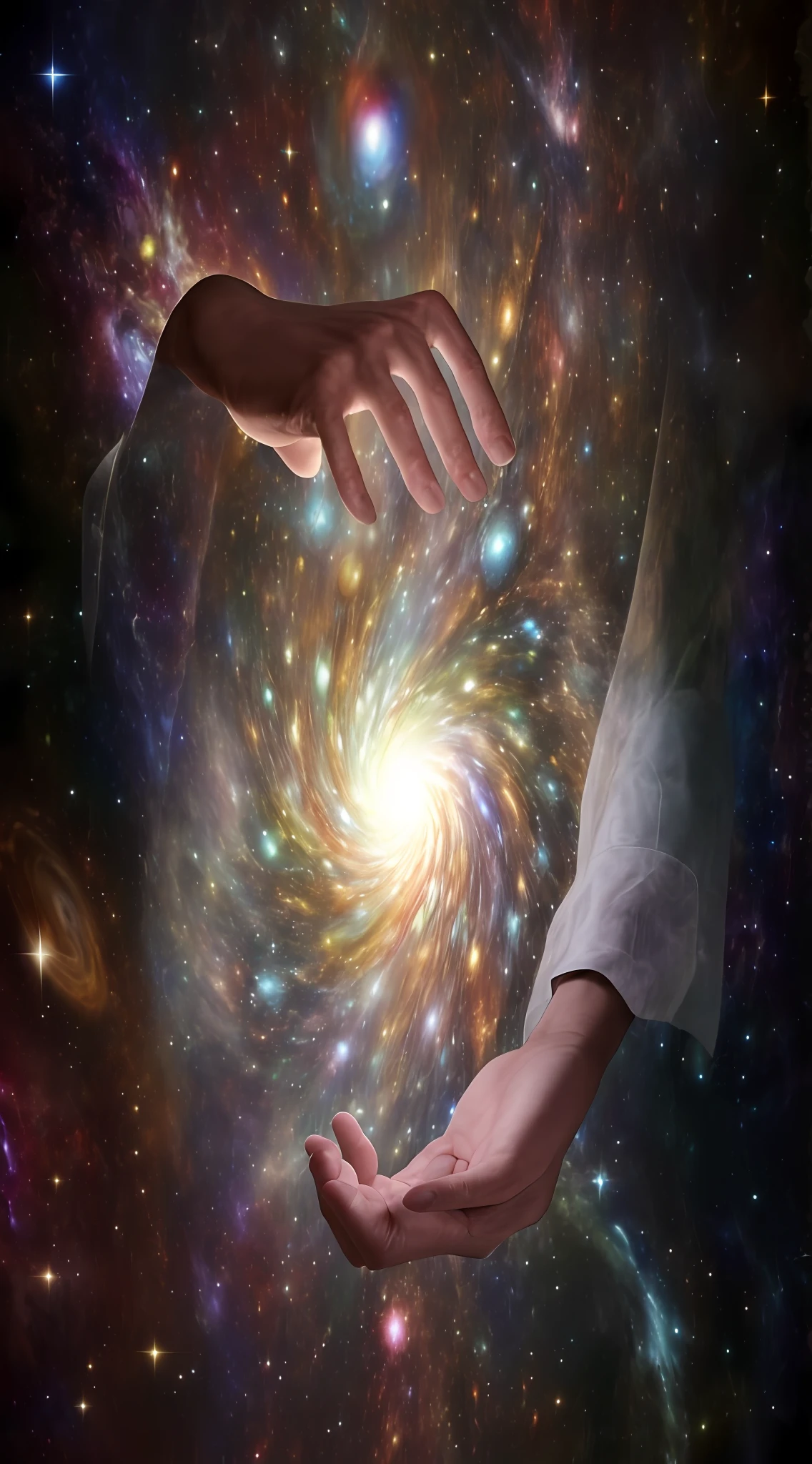 (masterpiece, photorealistic, raw,:1.4), (extremely complex:1.2), cinematic light, side lighting, ultra high resolution, best shadow, RAW, someone extending their hands in front of a galaxy, creation of the universe, creation of the universe, holding a galaxy, holding a galaxy, esoteric equation sky, humanity as cosmic structure, cosmic integration, meaning of life of the universe, universe, birth of the universe, it feeds on the whole cosmos, spiritual science, harmony of the universe