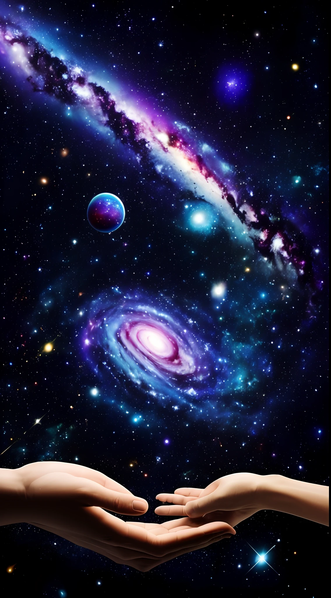 (masterpiece, photorealistic, raw,:1.4), (extremely complex:1.2), cinematic light, side lighting, ultra high resolution, best shadow, RAW, someone extending their hands in front of a galaxy, creation of the universe, creation of the universe, holding a galaxy, holding a galaxy, esoteric equation sky, humanity as cosmic structure, cosmic integration, meaning of life of the universe, universe, birth of the universe, it feeds on the whole cosmos, spiritual science, harmony of the universe