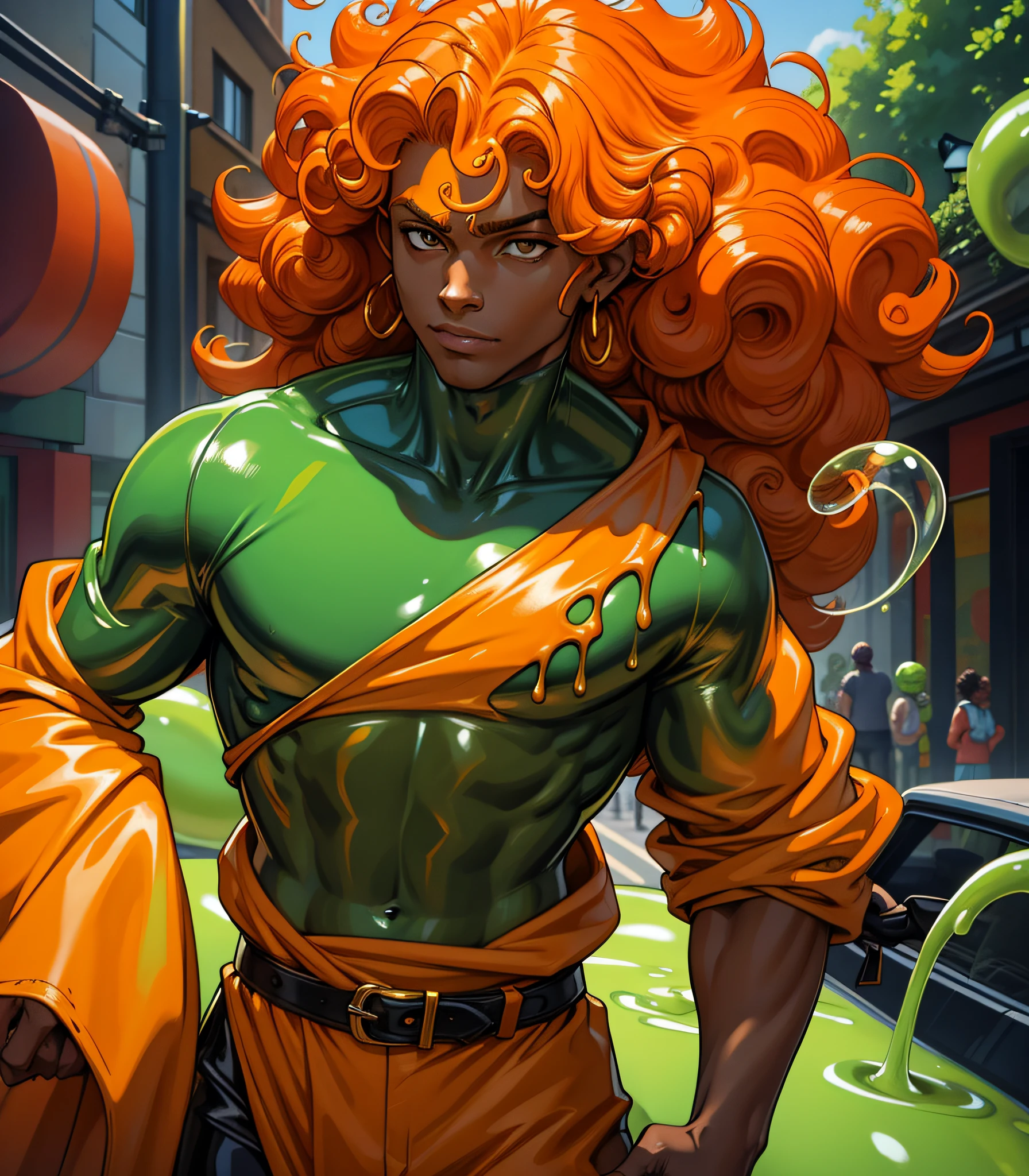 Slime boy, (slime) Slime hair Jheri curl style, Ochre Orange, wearing street clothing, Masterpiece, Best Quality