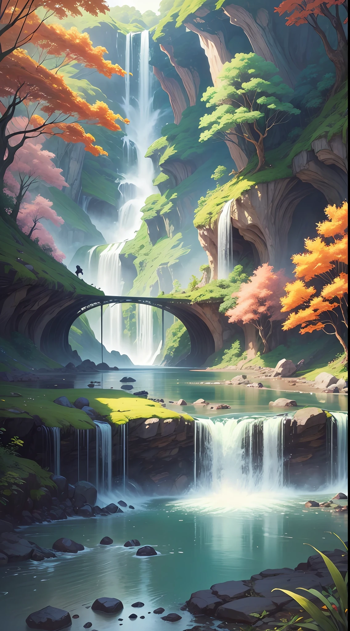 Create a landscape of a half-, a large leaf full of animals, and waterfalls, trees --auto --s2