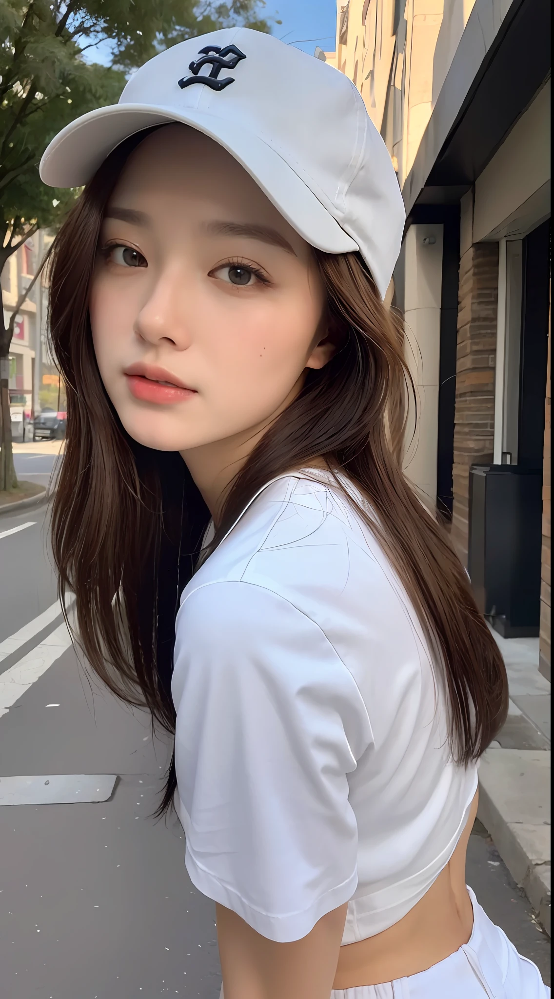 ((Best Quality, 8K, Masterpiece: 1.3)), (Baseball Cap: 1.3), Focus: 1.2, Perfect Body Beauty: 1.4, Buttocks: 1.2, (Layered Haircut: 1.2)), , (Dark Street: 1.3), Highly Detailed Face and Skin Texture, Full Body, Delicate Eyes, Double Eyelids, Whitened Skin, Long Hair, (Round Face: 1.5), (Short Sleeves, Shorts: 1.6)