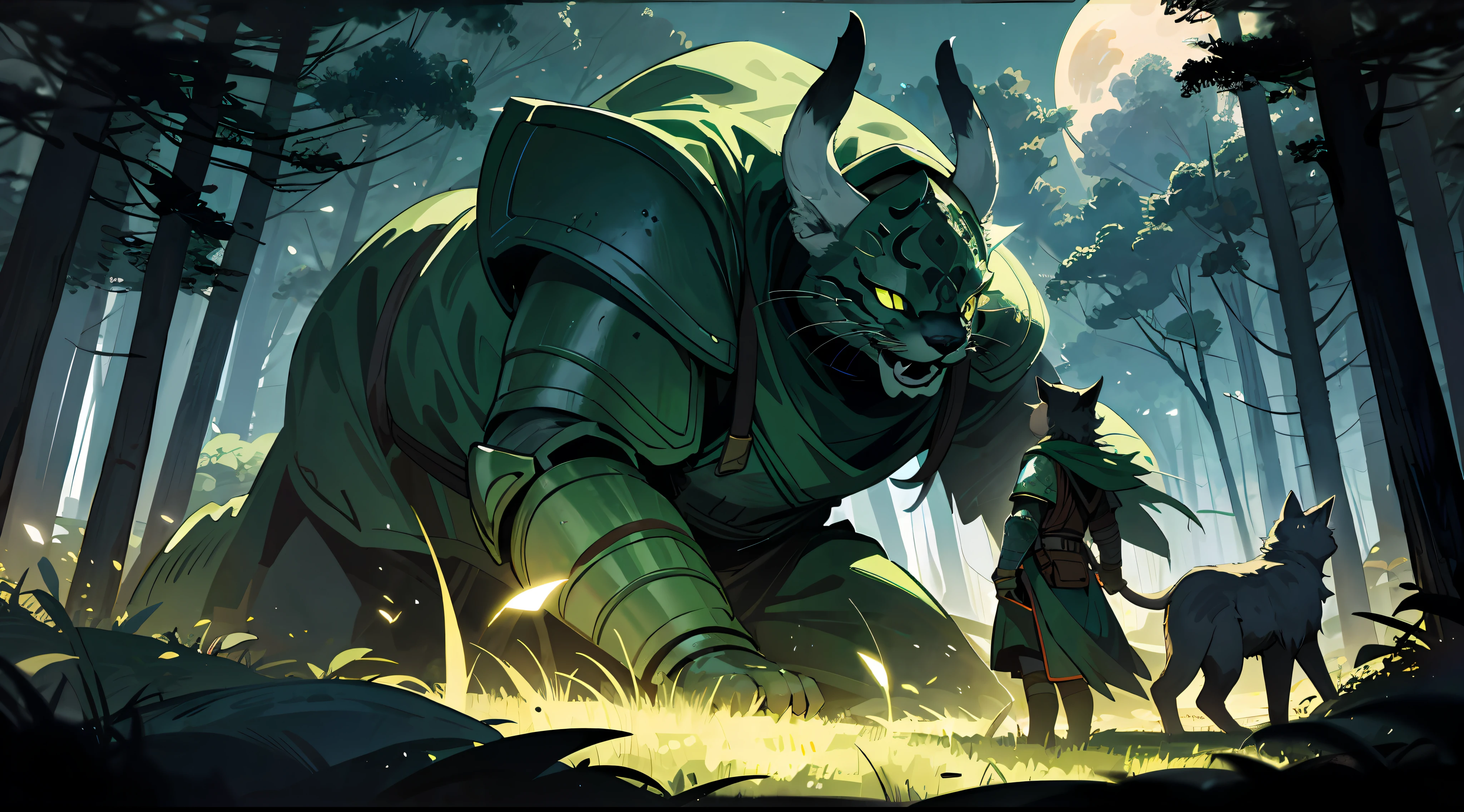 a druid with giant cats in the forest, green armor, night, moon