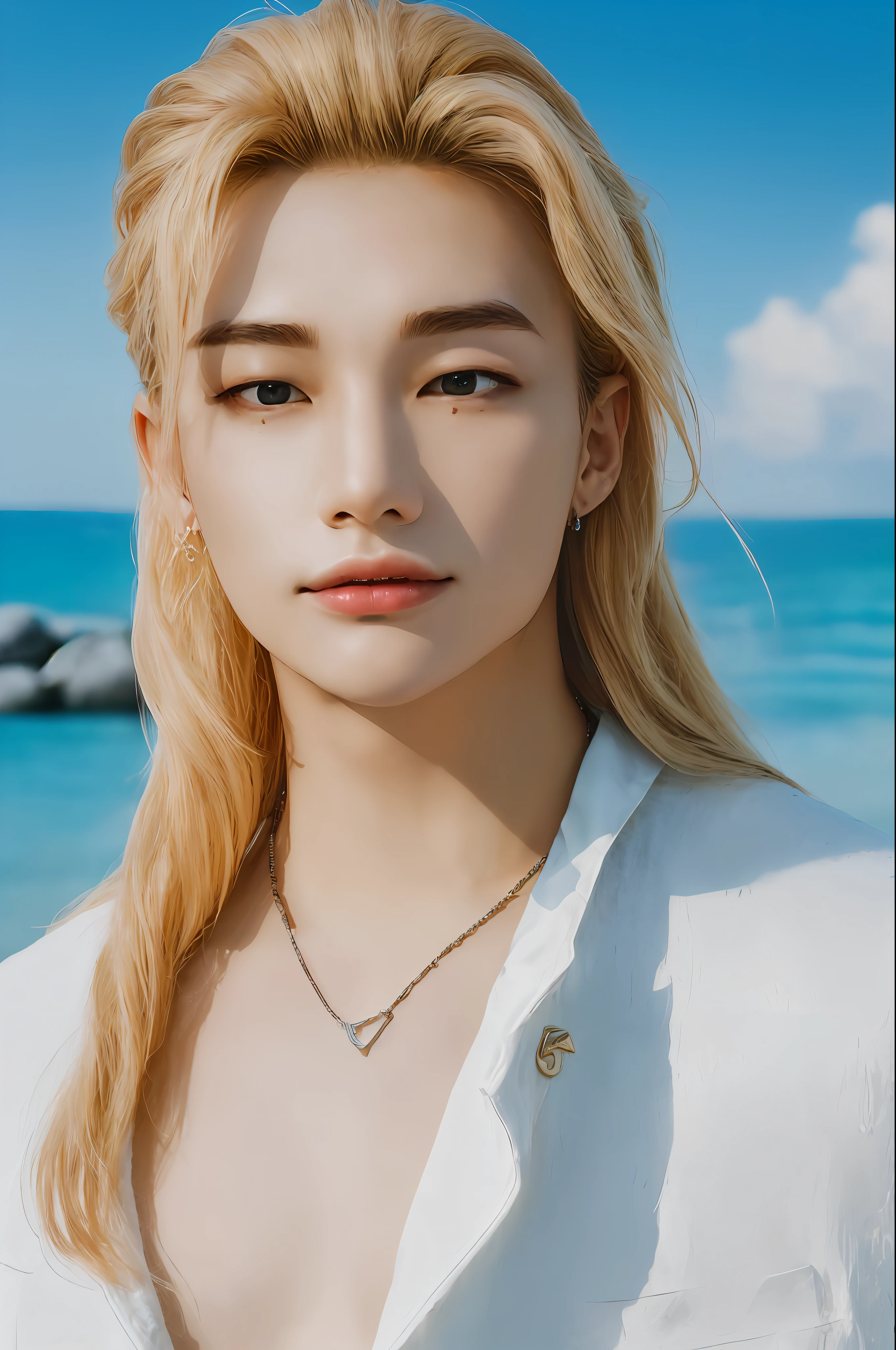 Hyunstayv2, frontal, sparkling, split lips, (beachwear:1.2), (long blonde hair:1.2), (ultra realistic:1.2), (shoulders and chest: 1.2), (close-up photo:1.1), (intricate:1.2), (night beach background:1.2), (night sky:1.2), (looking at the viewer:1.2).