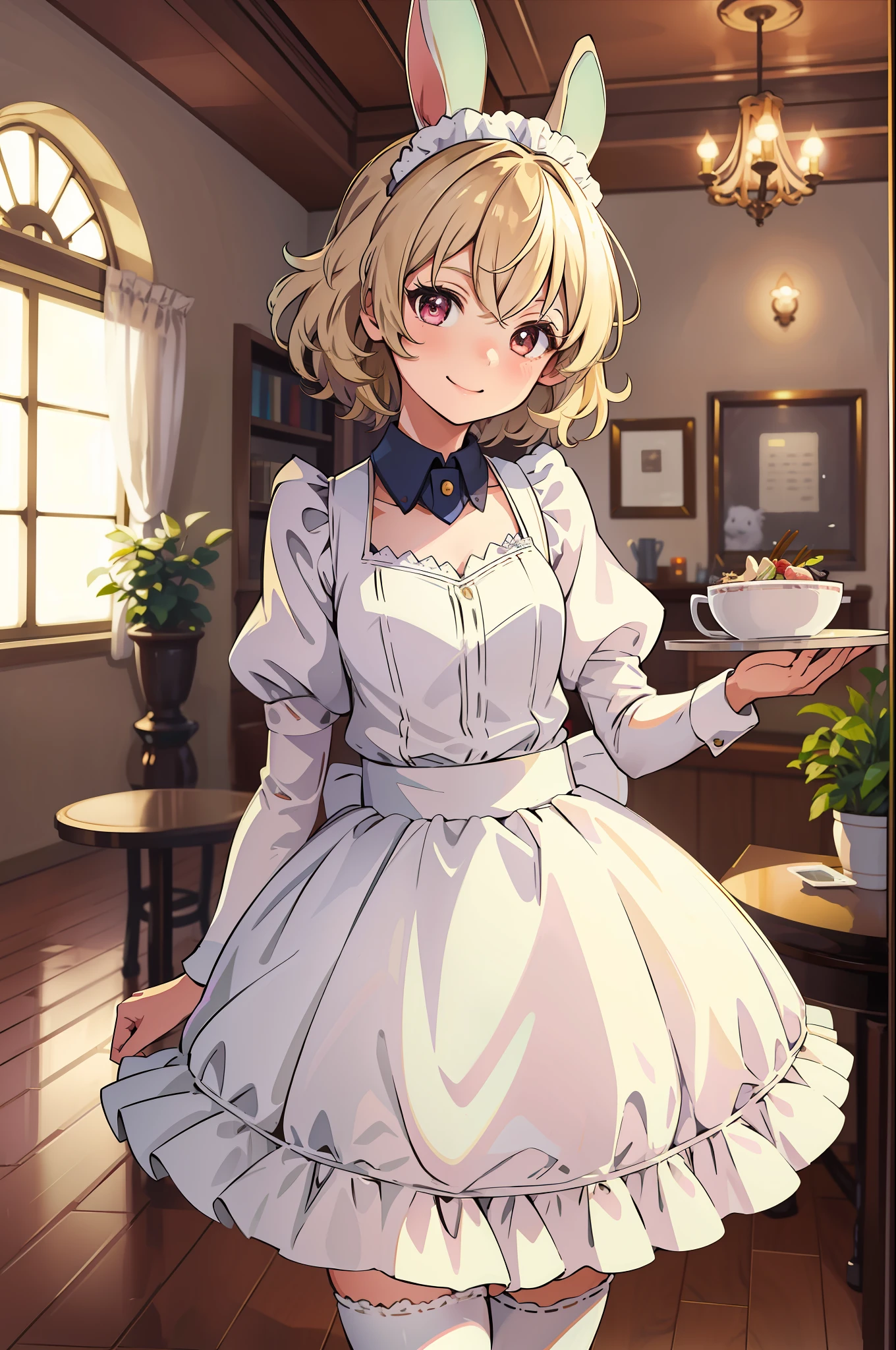 masterpiece, 1girl, rabbit ears, maid outfit, holding tray,indoors, restaurant, smile, thighs, happy, (iwanagakotoko:0.9), ultra detailed, beautiful body, beautiful face, blonde hair, short hair, iwanaga kotoko, cute, good anatomy, highest quality, fullbody, standing
