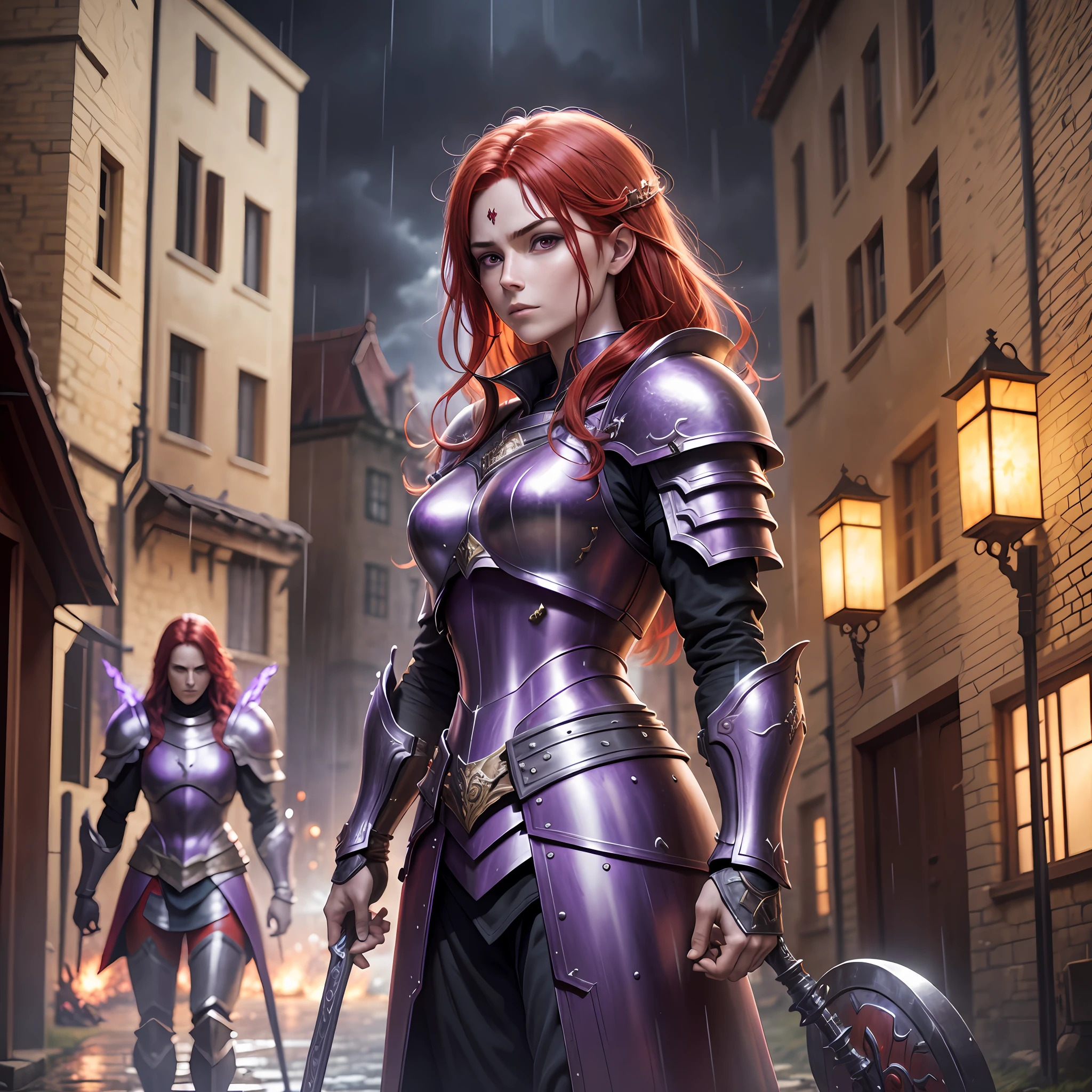 red hair, purple armor, light bearer warriors, medieval city, dark, battle, epic, war, surrealism, 8k, super detail, war, battle, darkness, rain, night, fight, torchs, war, conflict