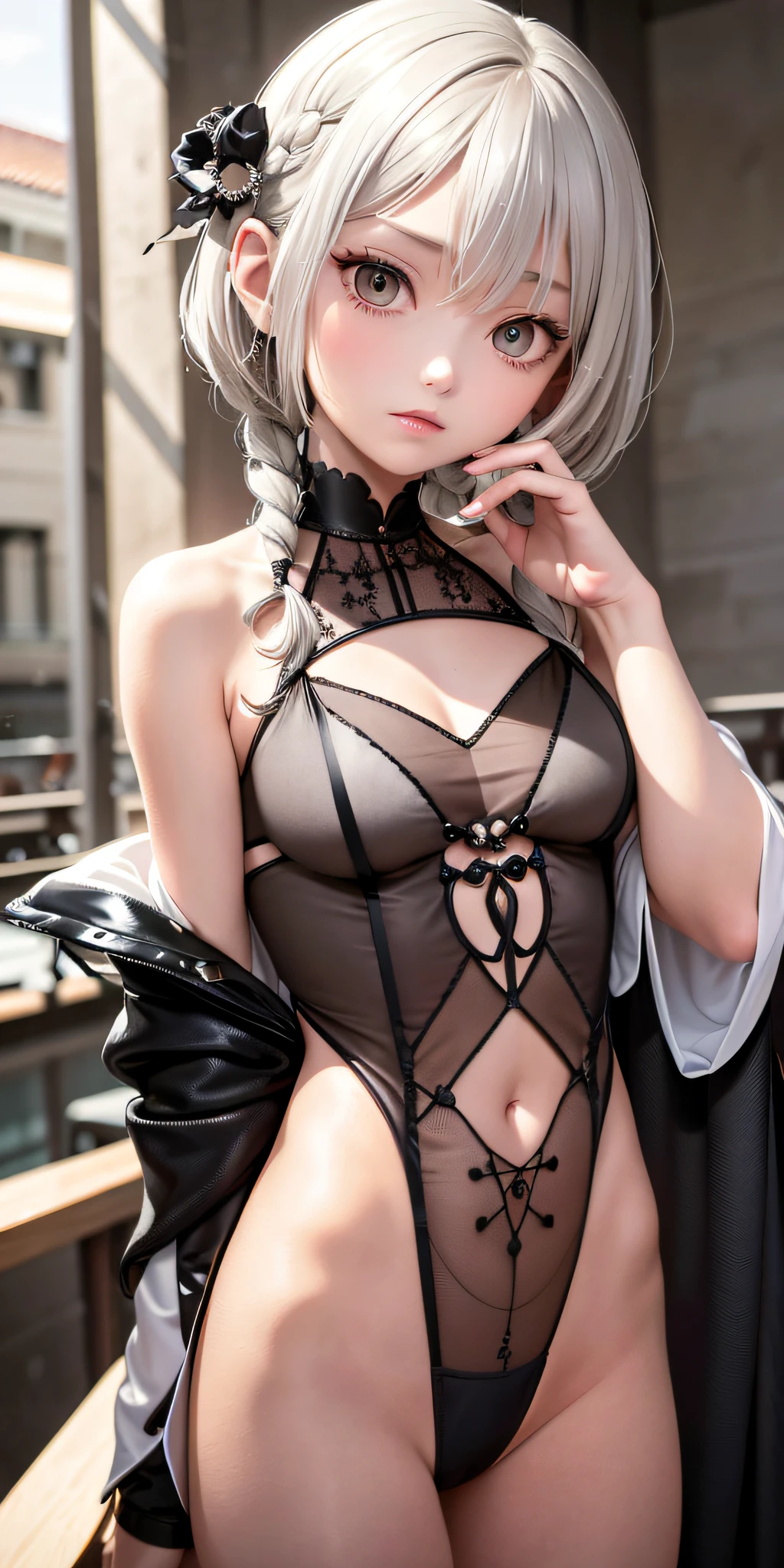 Top quality, masterpiece, gray hair, gold-eyed, full transparent soft loose clothes, look up, upper body, hair strands, fair skin, side braids, random hairstyle short hair, taut pointed small breasts, goth loli, mine system, one girl, complete anatomy