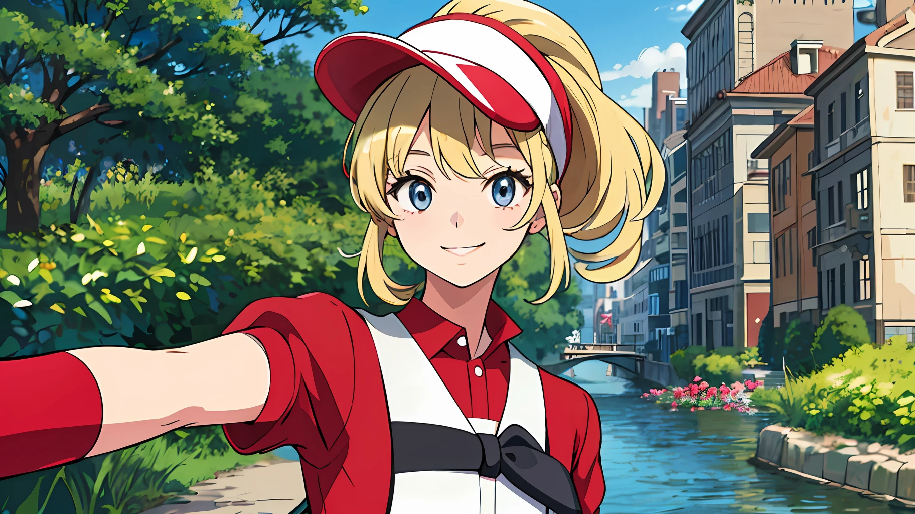 (masterpiece, best quality), 1girl, smile, pretty, take selfie, outdoors, beautiful face, bonnet, blonde, ponytail, red clothes, pokemon, trainer, city