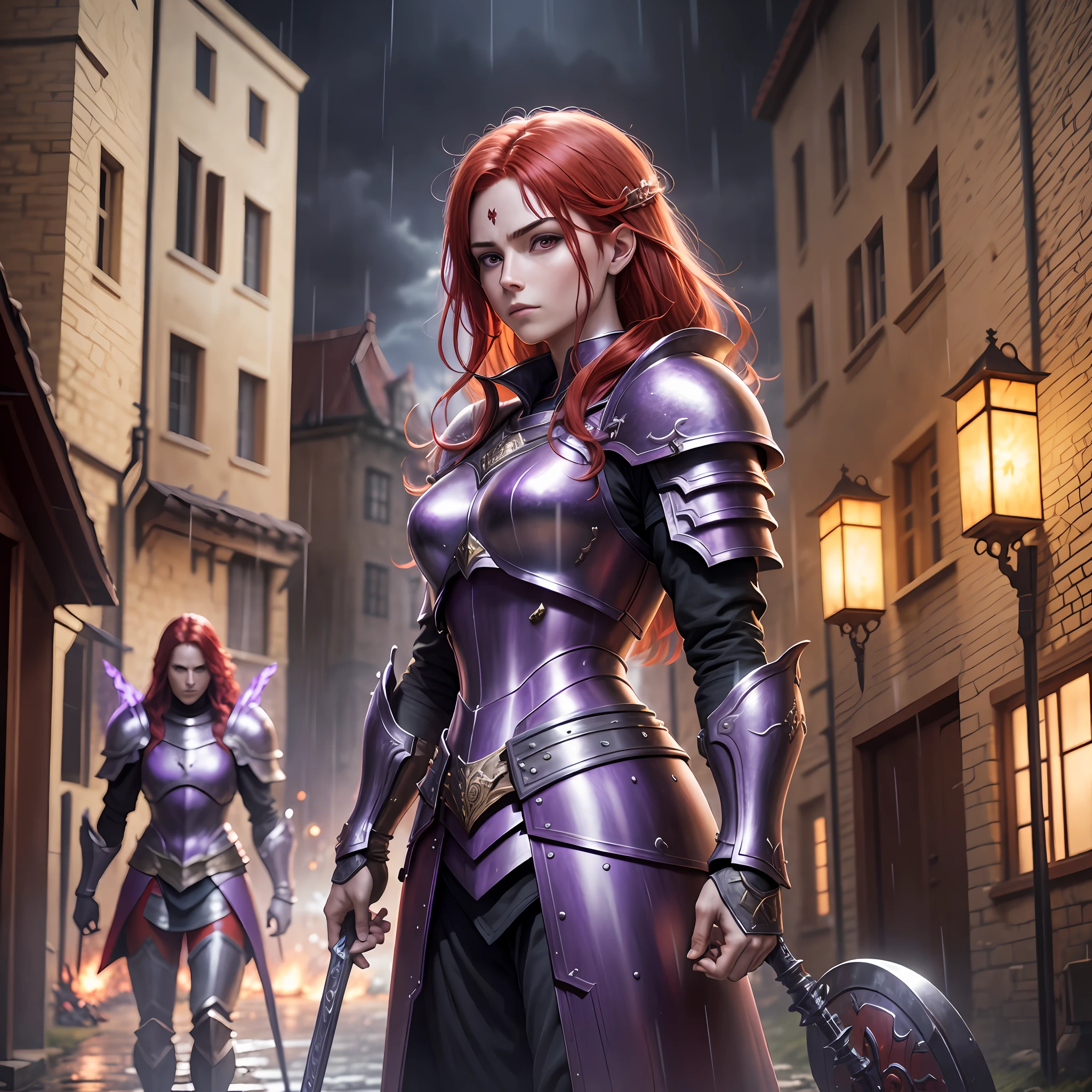 red hair, purple armor, light bearer warriors, medieval city, dark, battle, epic, war, surrealism, 8k, super detail, war, battle, darkness, rain, night, fight, torchs, war, conflict