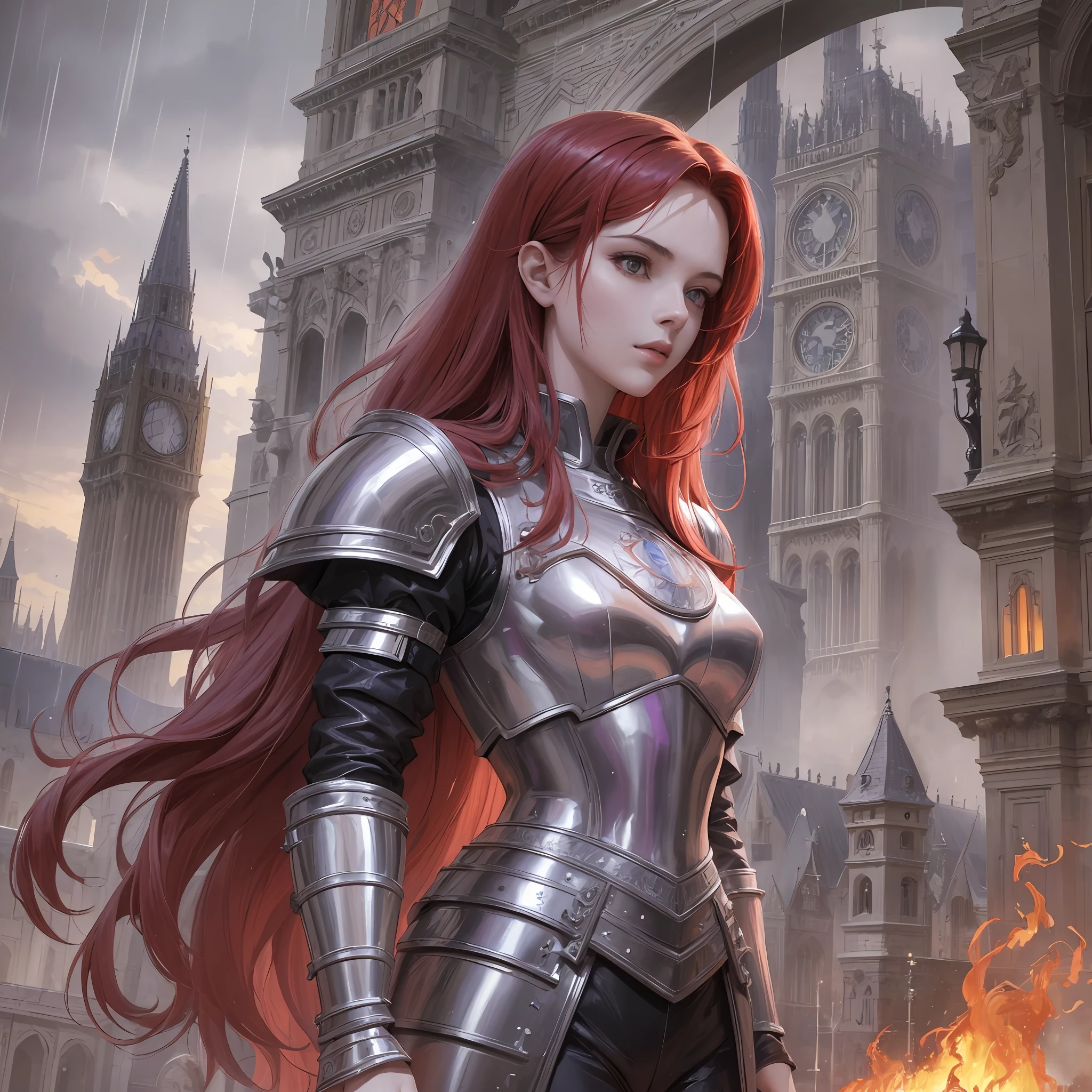 High resolution, masterpiece, 4k, ultra realistic, extremely detailed, girl, knight, long hair, (red hair), armor, (purple and gray armor), standing under a tower, burning scenery, rain, medieval city, epic scene --auto --s2