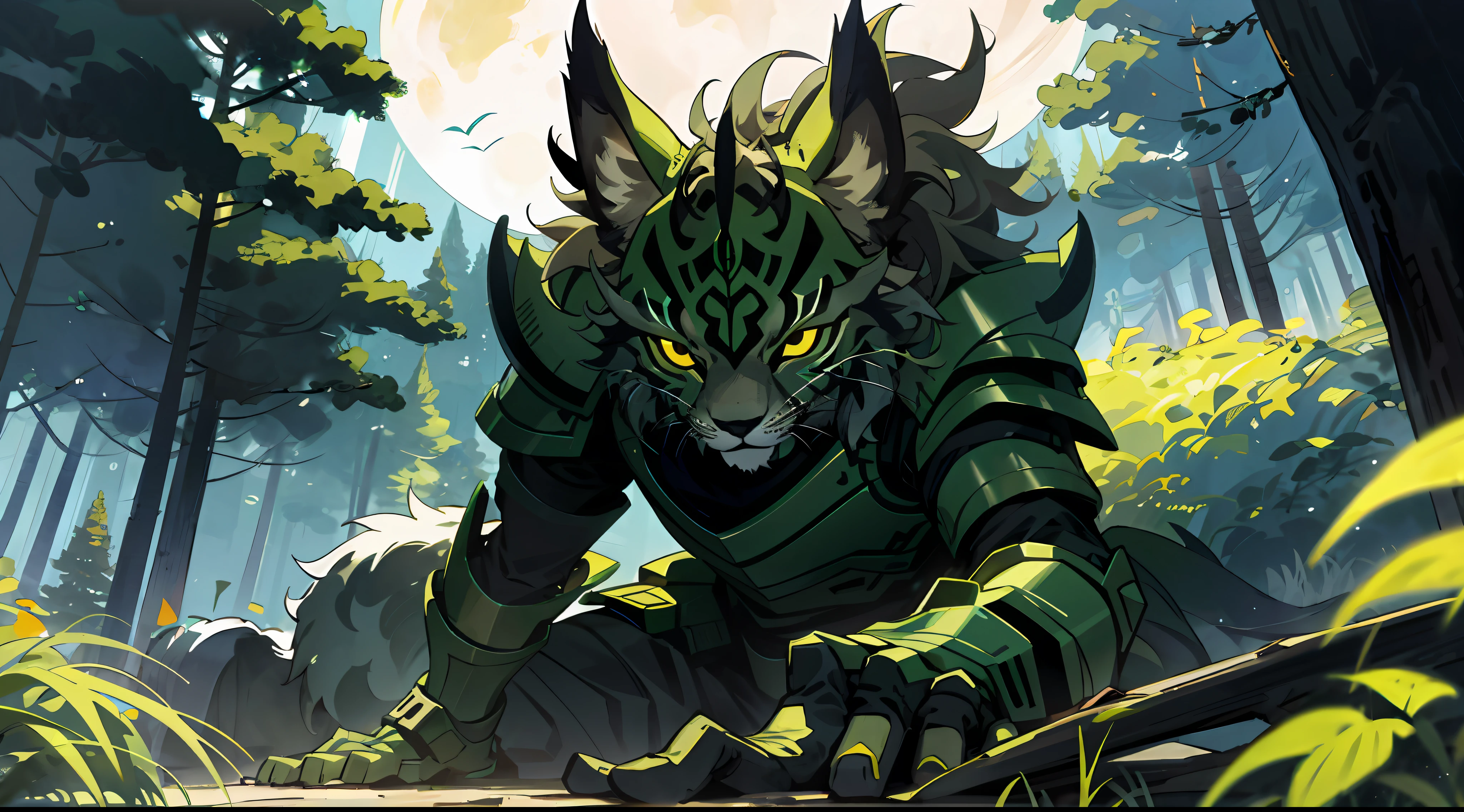 a giant lynx with green armor in a forest, night, moon