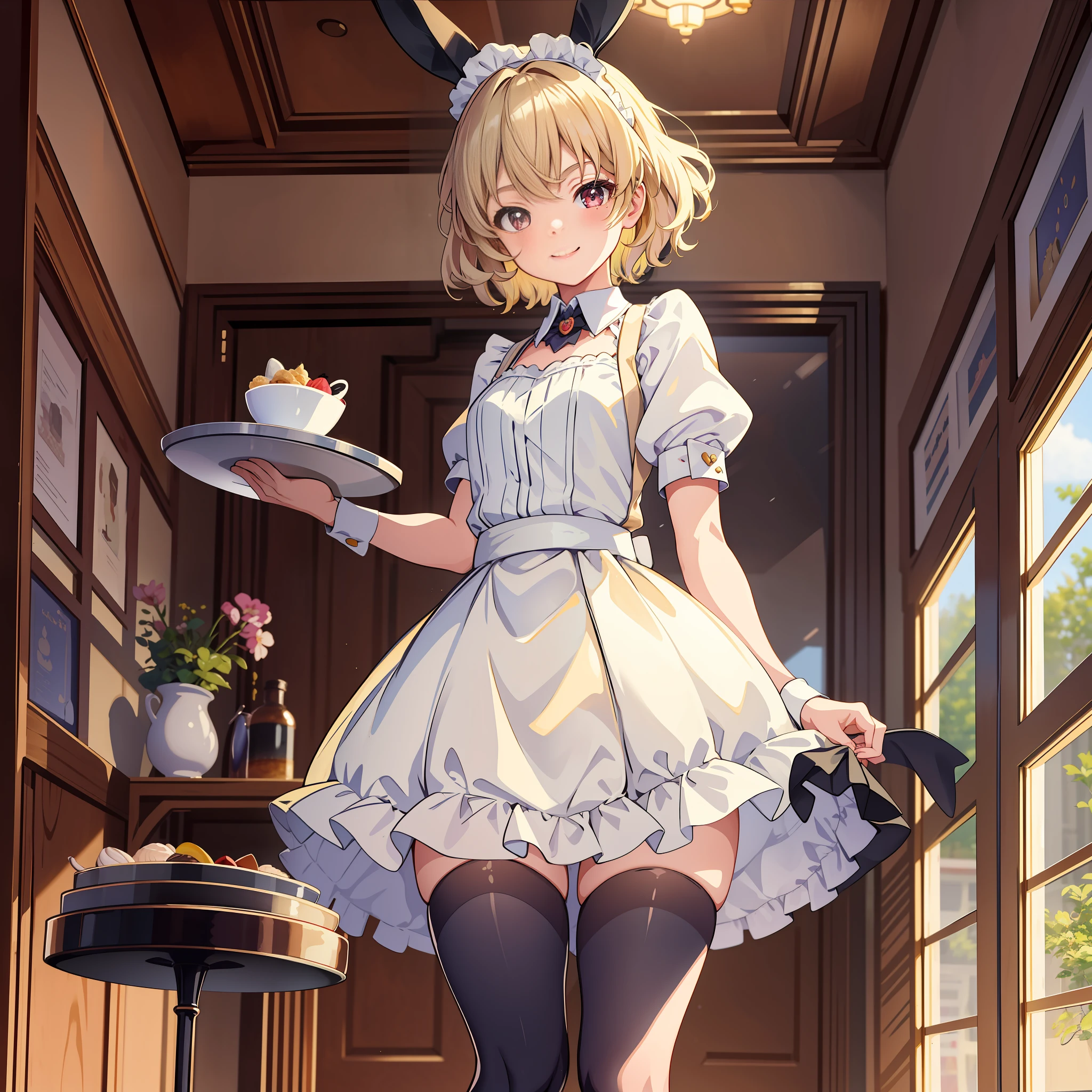 masterpiece, 1girl, rabbit ears, maid outfit, holding tray,indoors, restaurant, smile, thighs, happy, (iwanagakotoko:0.9), ultra detailed, beautiful body, beautiful face, blonde hair, short hair, iwanaga kotoko, cute, good anatomy, highest quality, fullbody, standing, sweet