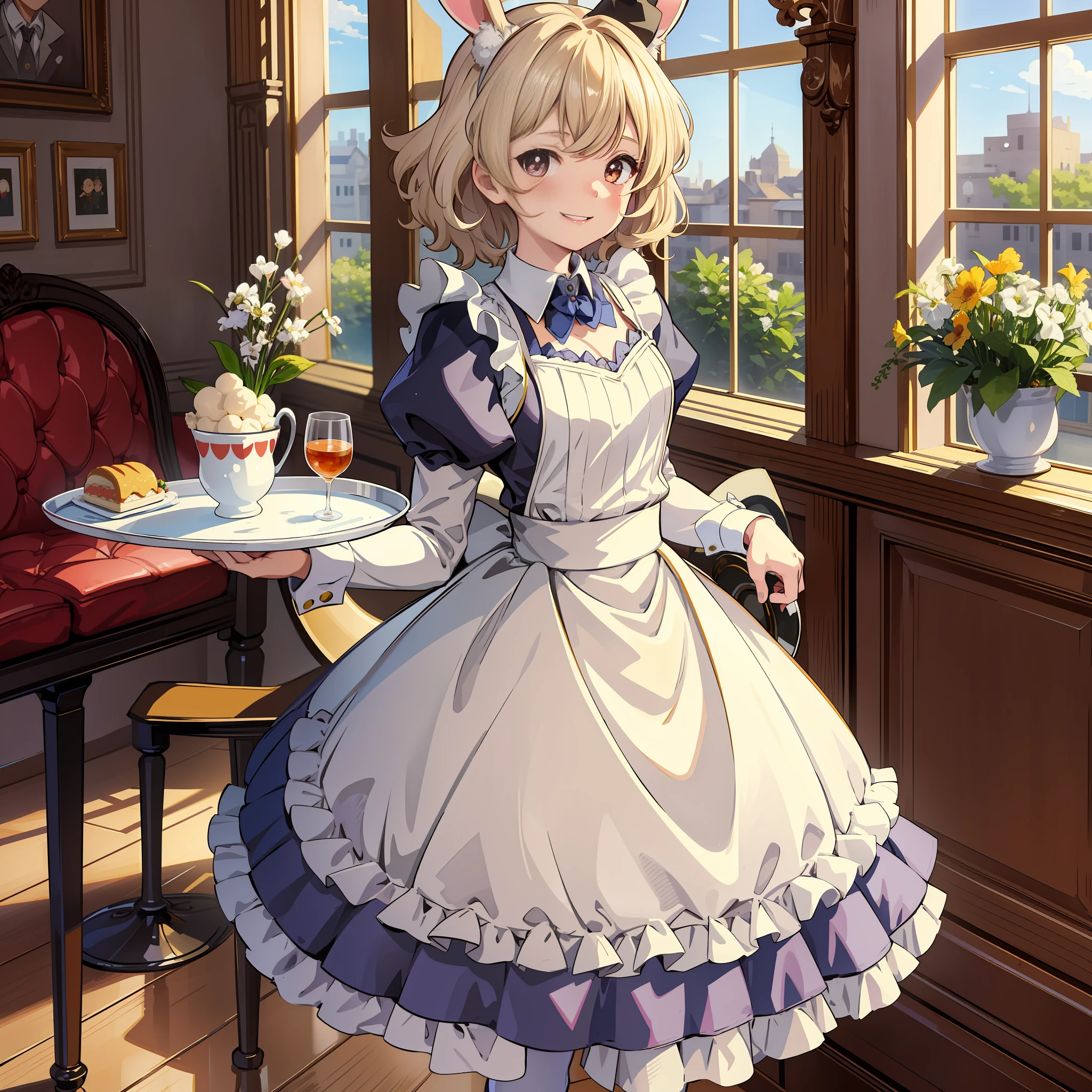 masterpiece, 1girl, rabbit ears, maid outfit, holding tray,indoors, restaurant, smile, thighs, happy, (iwanagakotoko:0.9), ultra detailed, beautiful body, beautiful face, blonde hair, short hair, iwanaga kotoko, cute, good anatomy, highest quality, fullbody, standing, sweet