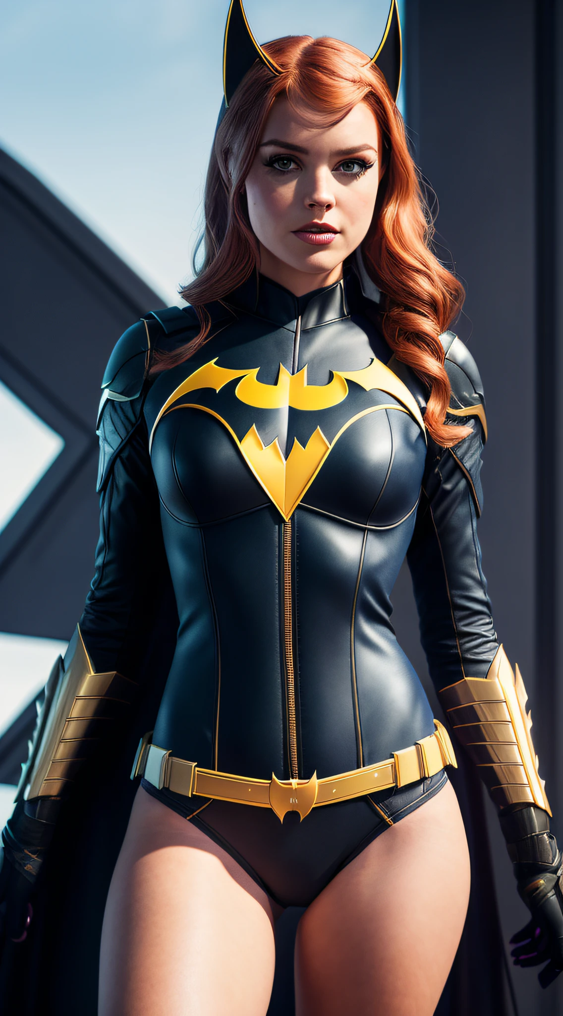 Batgirl, lingerie, starship background, (((visible full body))), looking at viewer, portrait, photography, detailed skin, realistic, photorealistic, 8k, highly detailed, full body frame, high detail RAW color art , penetrating, soft diffused lighting, shallow depth of field, sharp focus, hyperrealism, cinematic lighting