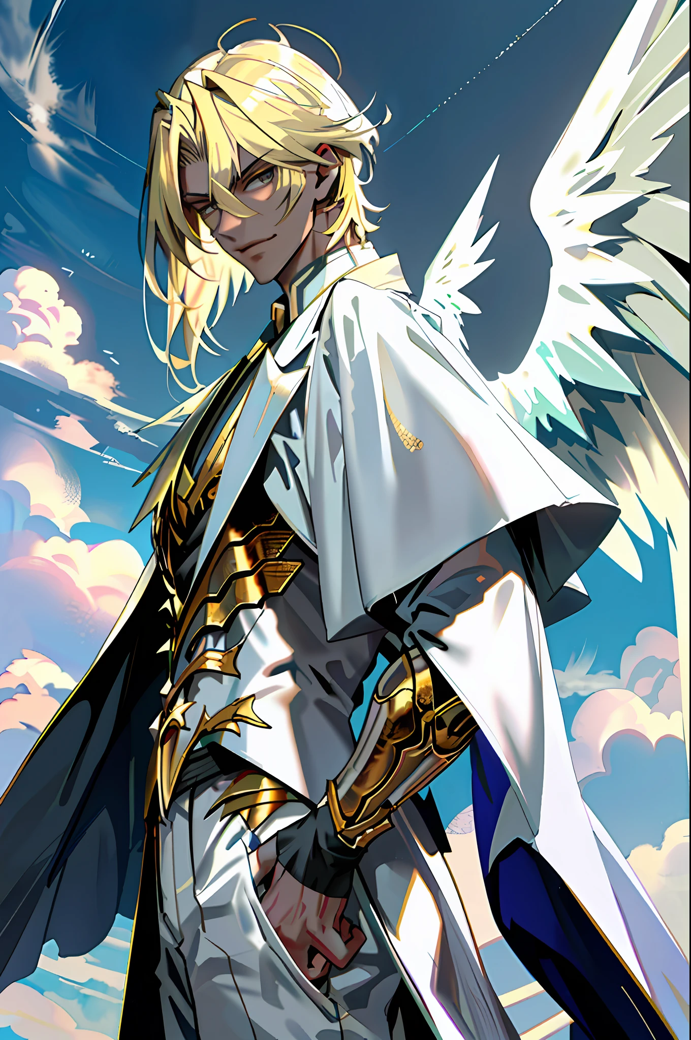 ((masterpiece, best quality)), 1guy, fallen angel Lucifer, very handsome, blonde and medium hair, thin, huge and beautiful wings on the back, in white clothes, evil expression, looking at the viewer, golden clouds in the background