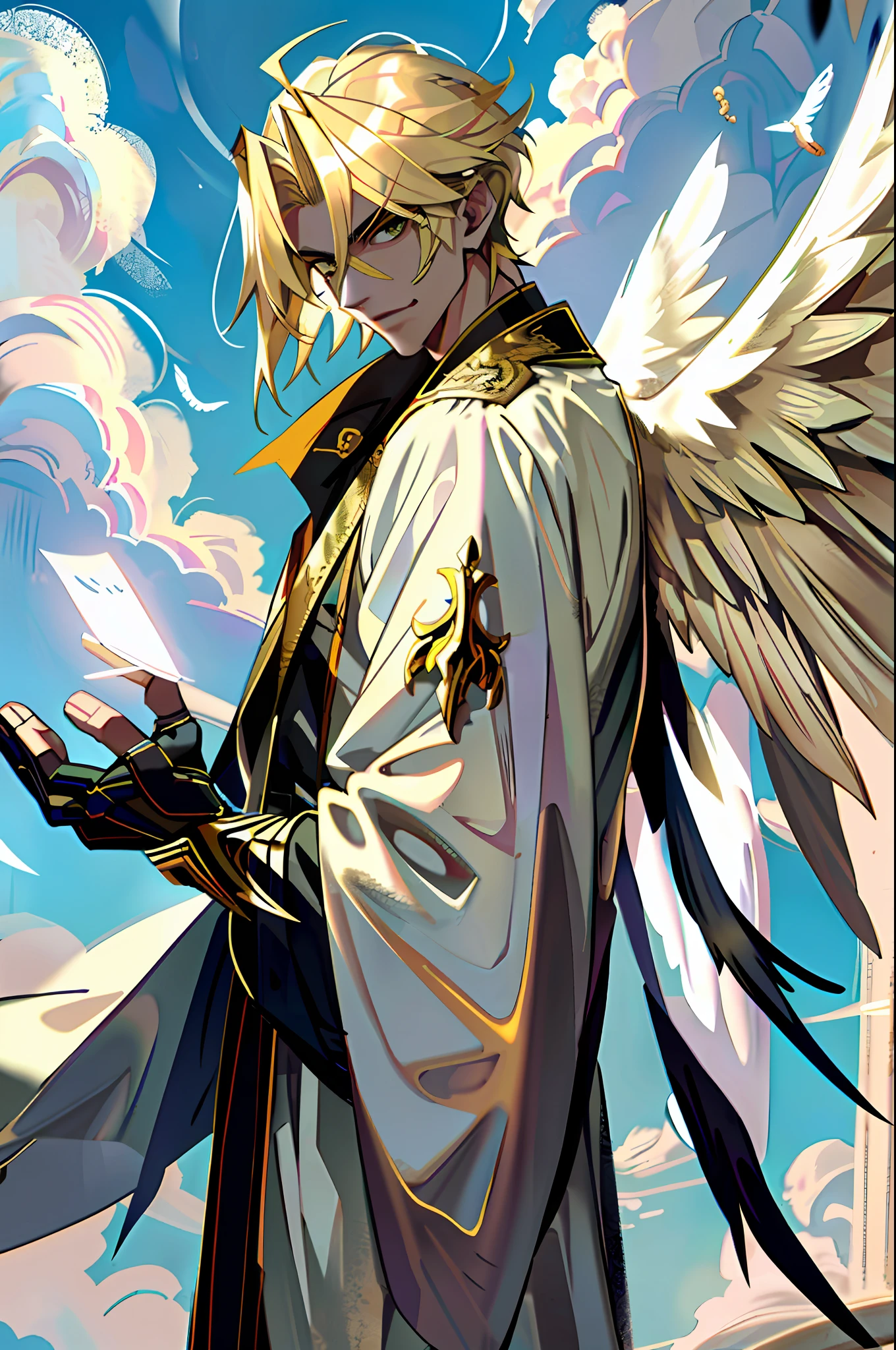 ((masterpiece, best quality)), 1guy, fallen angel Lucifer, very handsome, blonde and medium hair, thin, huge and beautiful wings on the back, in white clothes, evil expression, looking at the viewer, golden clouds in the background