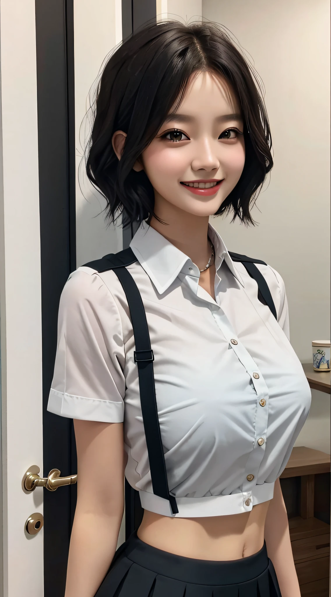 Girl, Single, Top Quality, Upper Body, Beautiful, Pretty, Radiant, Breast-Large, Short Hair, Masterpiece, Cat Eyes, Uniform, Black Hair, Big Ass, Smile